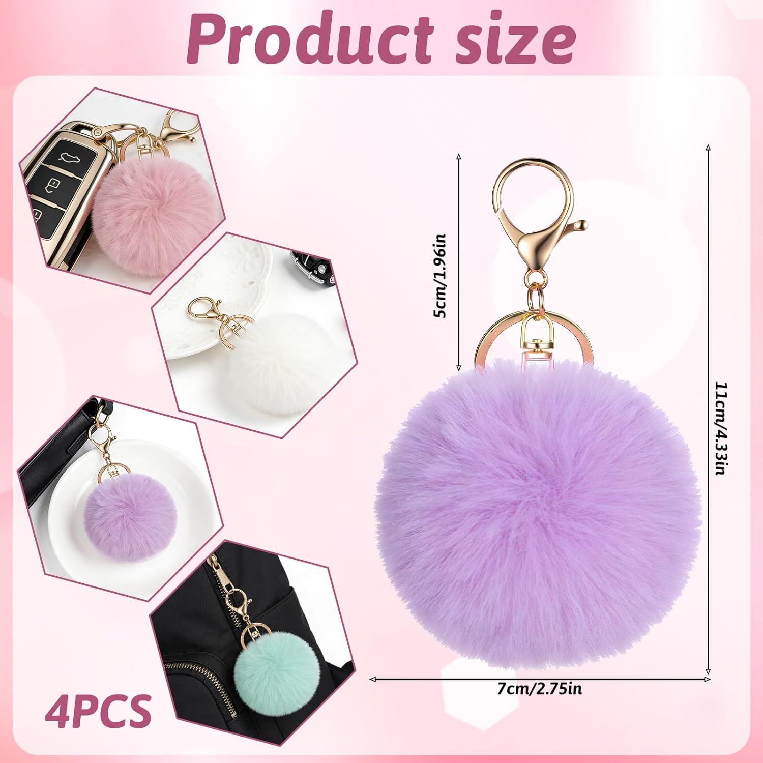 4 Pcs Pom Pom Keychains, Artificial Fur Ball Keychain Charms Ball Keyrings, Soft Fluffy Plush Tote Pendant Pompom Key Chains, Cute Colorful Car Bag Charm Purse Bag Accessories for Women (4 Colors) - Image 3