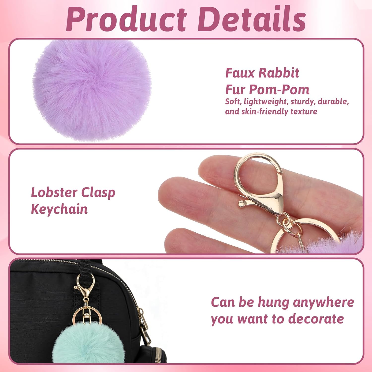 4 Pcs Pom Pom Keychains, Artificial Fur Ball Keychain Charms Ball Keyrings, Soft Fluffy Plush Tote Pendant Pompom Key Chains, Cute Colorful Car Bag Charm Purse Bag Accessories for Women (4 Colors) - Image 4