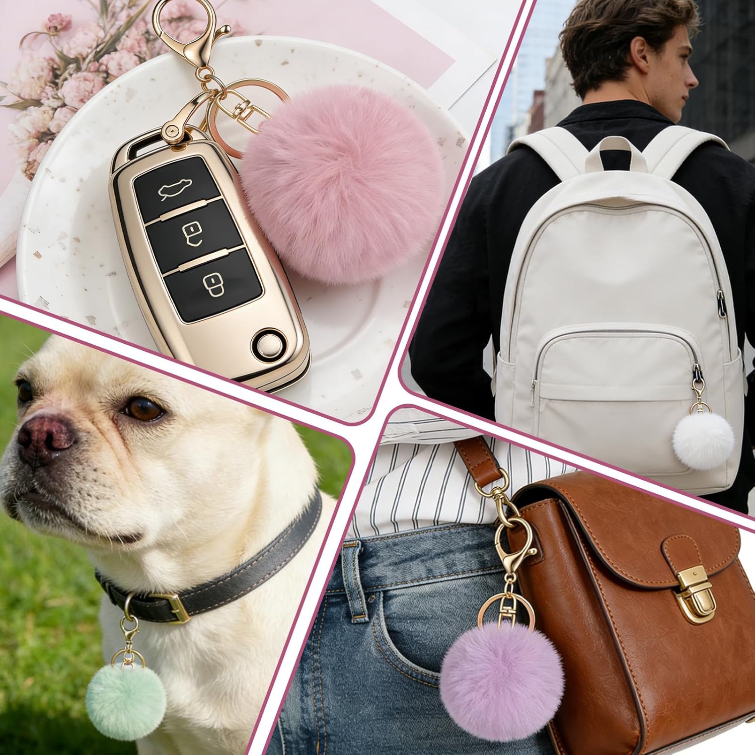4 Pcs Pom Pom Keychains, Artificial Fur Ball Keychain Charms Ball Keyrings, Soft Fluffy Plush Tote Pendant Pompom Key Chains, Cute Colorful Car Bag Charm Purse Bag Accessories for Women (4 Colors) - Image 6
