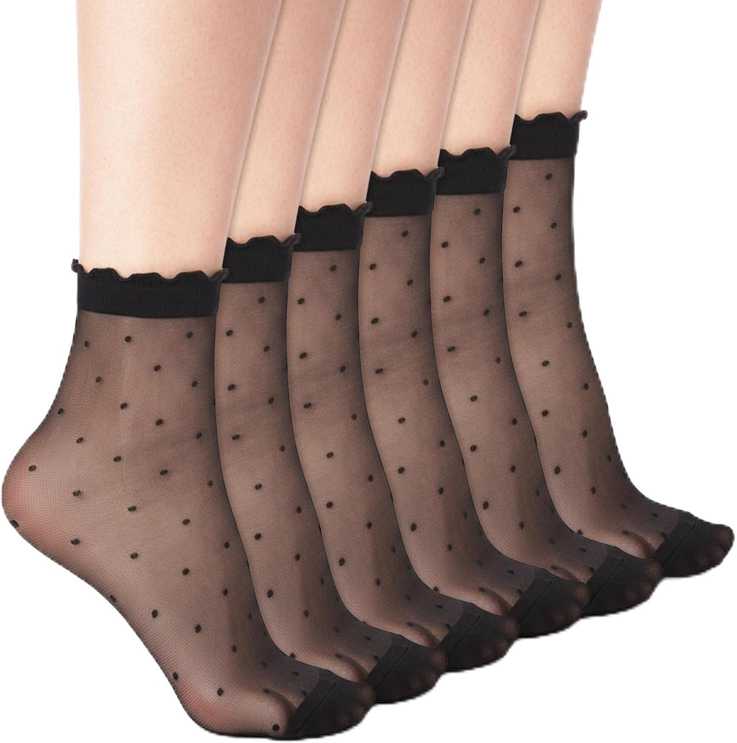 3 Pairs Women Sheer Ankle Socks, Ruffle Polka Dot Lace Mesh Black Sheer Socks, Nylon Stretchy Breathable Thin Fishnet Dress Sock with Reinforced Toe, Elegant Casual Stockings for Summer - Image 1