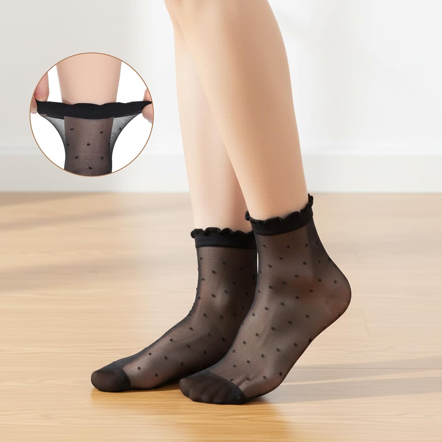 3 Pairs Women Sheer Ankle Socks, Ruffle Polka Dot Lace Mesh Black Sheer Socks, Nylon Stretchy Breathable Thin Fishnet Dress Sock with Reinforced Toe, Elegant Casual Stockings for Summer - Image 6