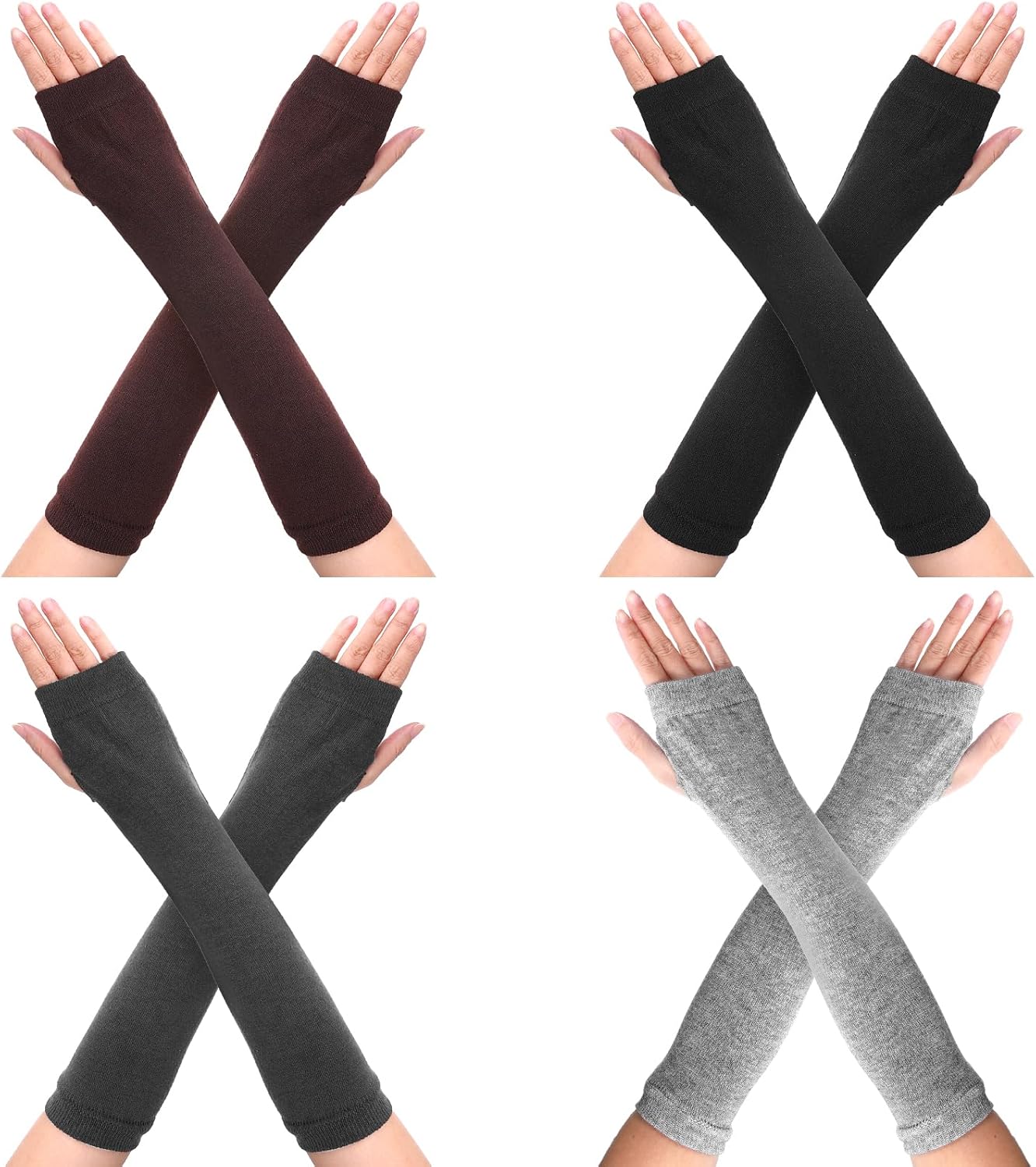 4 Pairs Arm Warmers Women Winter Long Fingerless Gloves Knit Mitten Elbow Length Gloves with Thumb Hole, Warm and Comfortable (Black, Coffee, Dark Gray, Light Gray) - Image 3