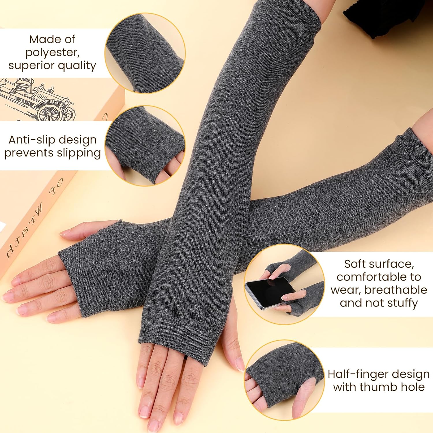 4 Pairs Arm Warmers Women Winter Long Fingerless Gloves Knit Mitten Elbow Length Gloves with Thumb Hole, Warm and Comfortable (Black, Coffee, Dark Gray, Light Gray) - Image 5
