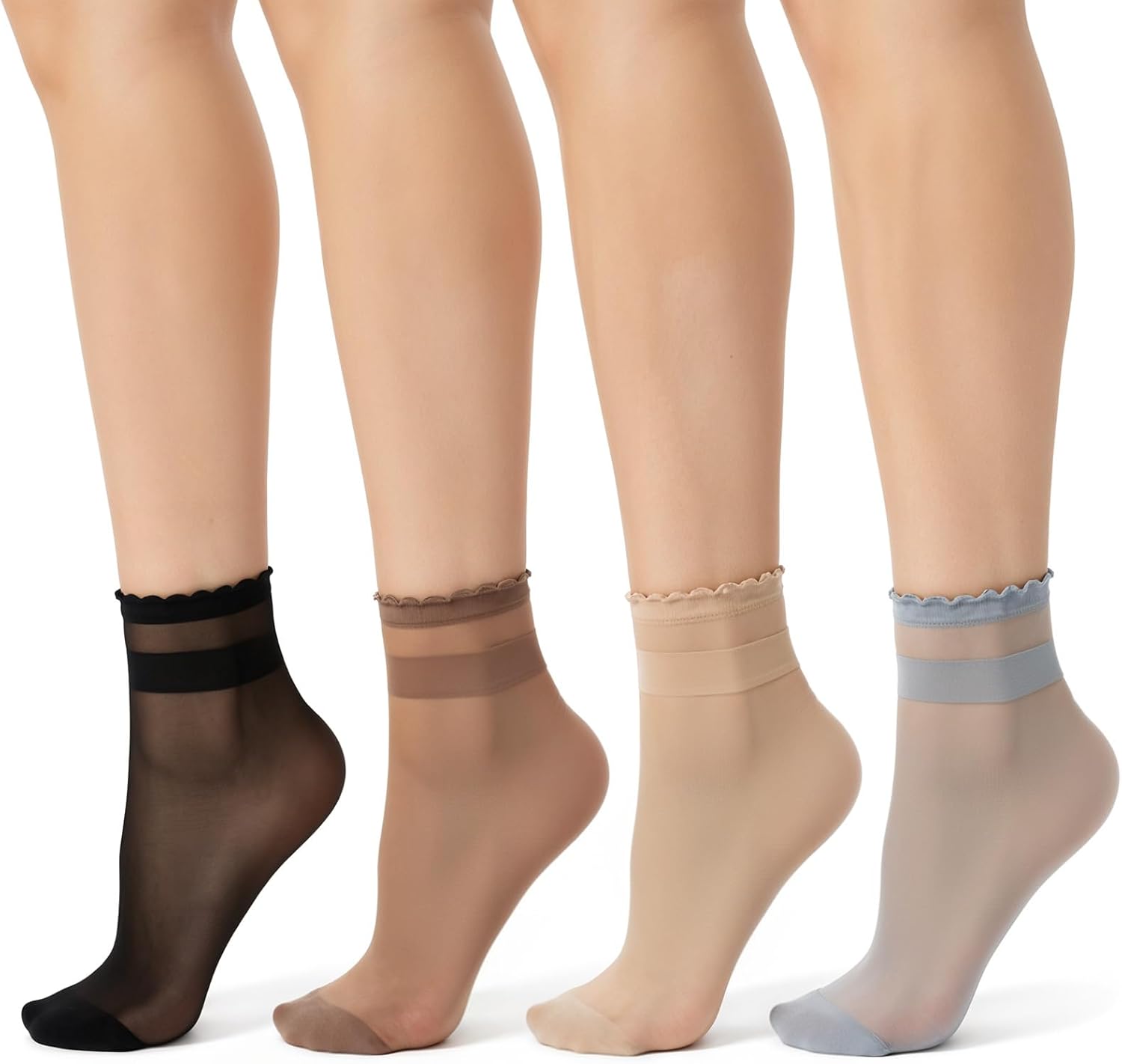 8 Pairs Womens Sheer Ruffle Socks, Ultra Thin Nude Ankle Socks, See Through Silk Nylon Stockings, Anti-Slip Invisible Elastic Short Sheer Sock for Women, Cool Breathable Summer Sock (4 Colors) - Image 1