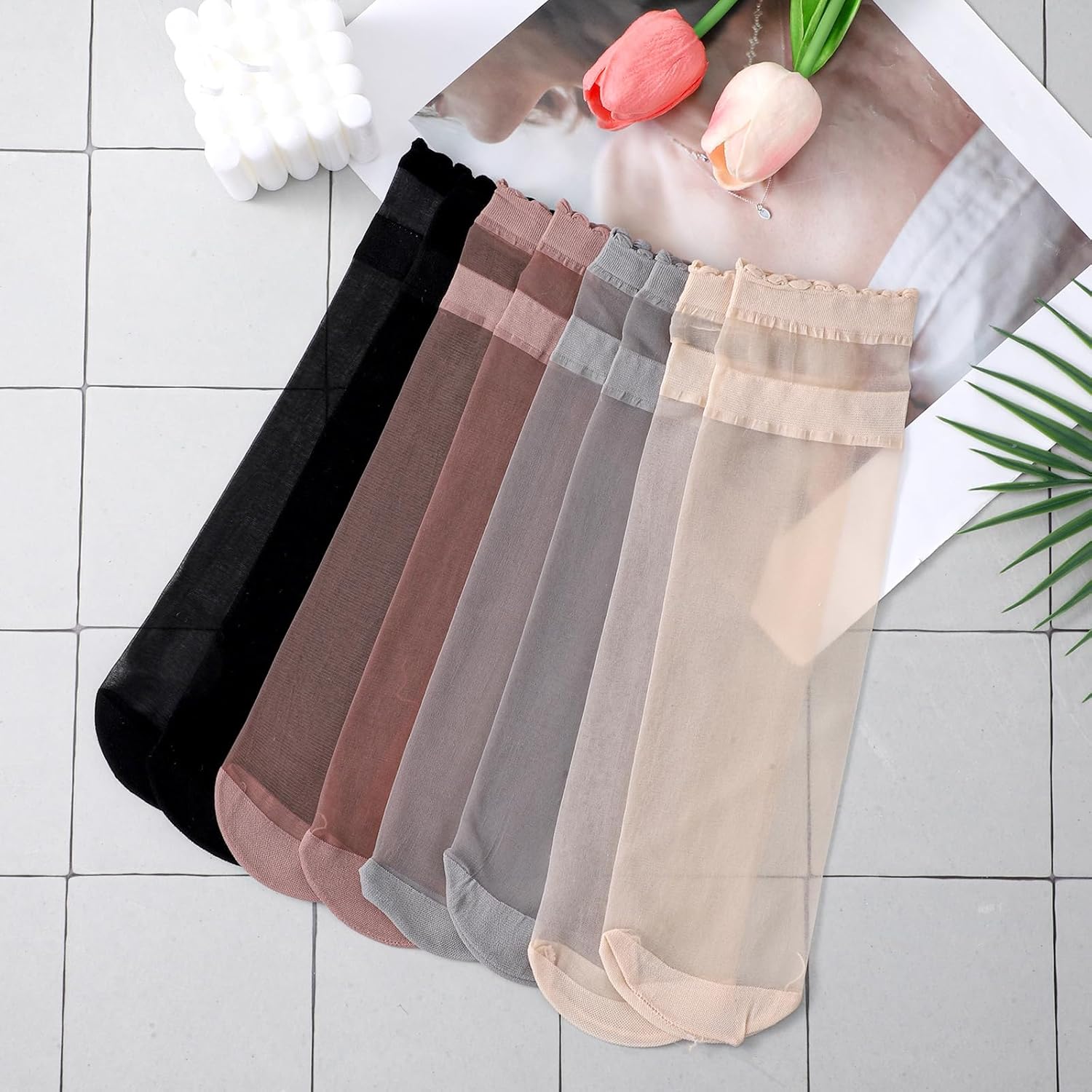 8 Pairs Womens Sheer Ruffle Socks, Ultra Thin Nude Ankle Socks, See Through Silk Nylon Stockings, Anti-Slip Invisible Elastic Short Sheer Sock for Women, Cool Breathable Summer Sock (4 Colors) - Image 2