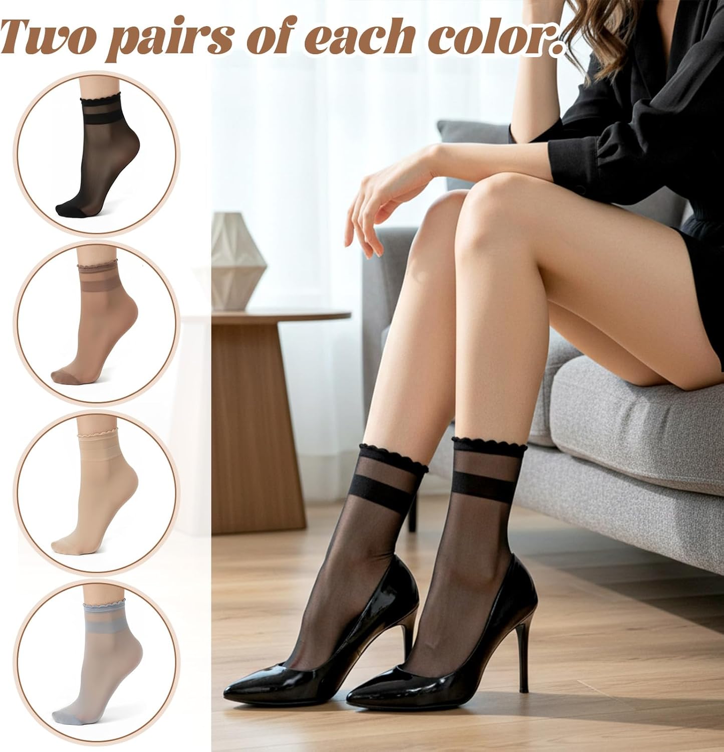 8 Pairs Womens Sheer Ruffle Socks, Ultra Thin Nude Ankle Socks, See Through Silk Nylon Stockings, Anti-Slip Invisible Elastic Short Sheer Sock for Women, Cool Breathable Summer Sock (4 Colors) - Image 3