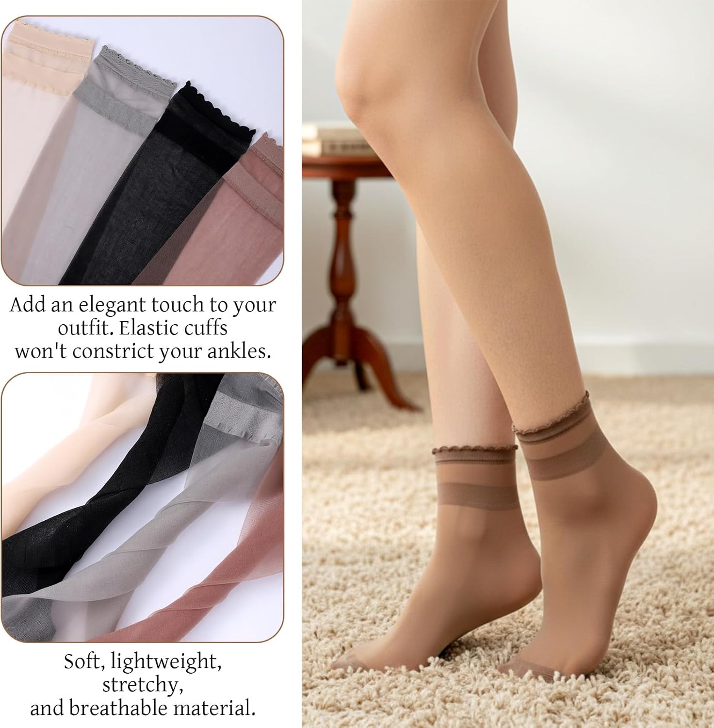 8 Pairs Womens Sheer Ruffle Socks, Ultra Thin Nude Ankle Socks, See Through Silk Nylon Stockings, Anti-Slip Invisible Elastic Short Sheer Sock for Women, Cool Breathable Summer Sock (4 Colors) - Image 7
