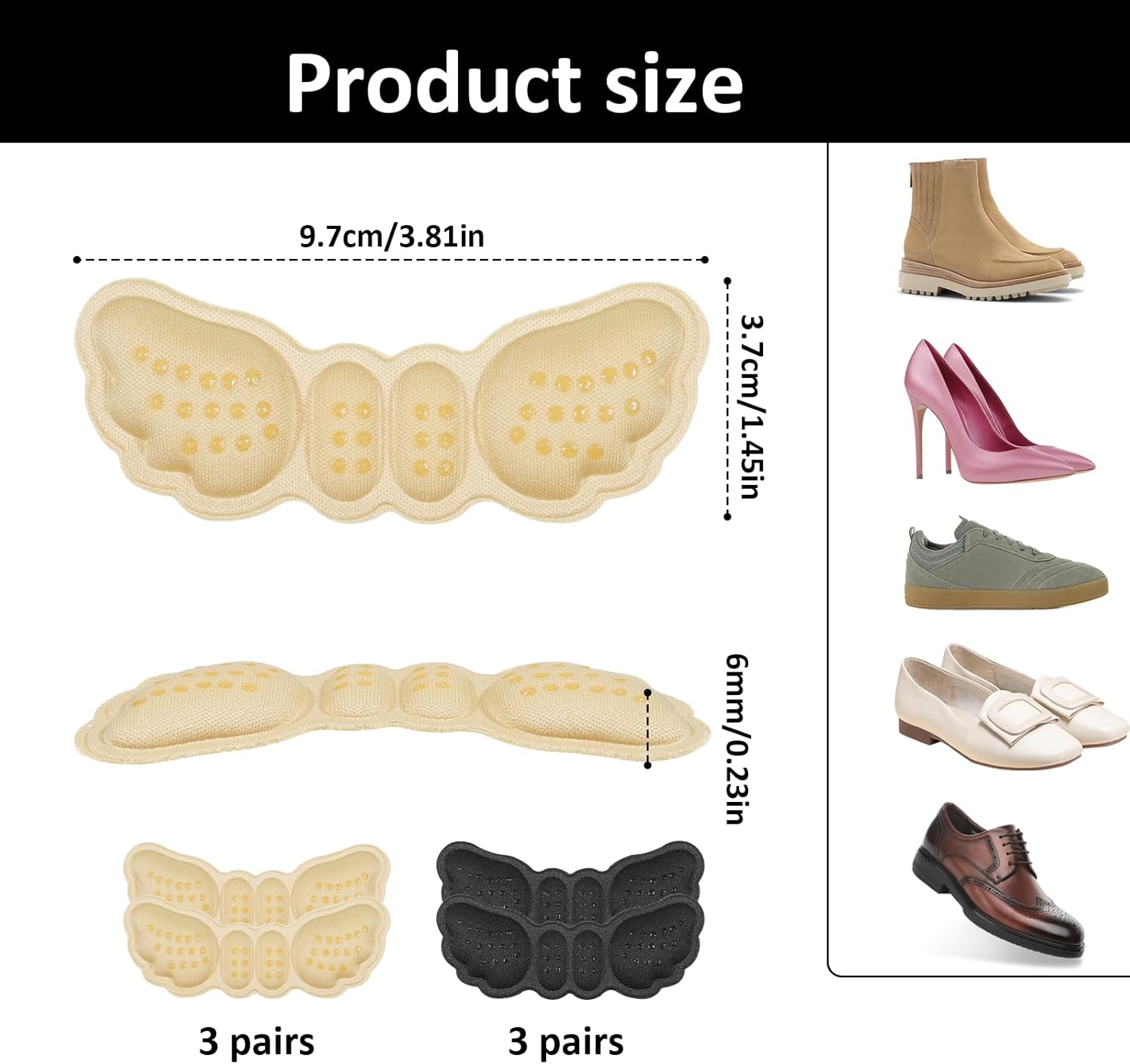 6 Pairs Heel Pads for Shoes, Soft Heel Grips Cushion Comfortable Heels Pads Cushion Protectors Inserts for Men Women Pain Relief, Improved Fit Loose Shoes, Comfort Protectors (Black, Beige) - Image 2