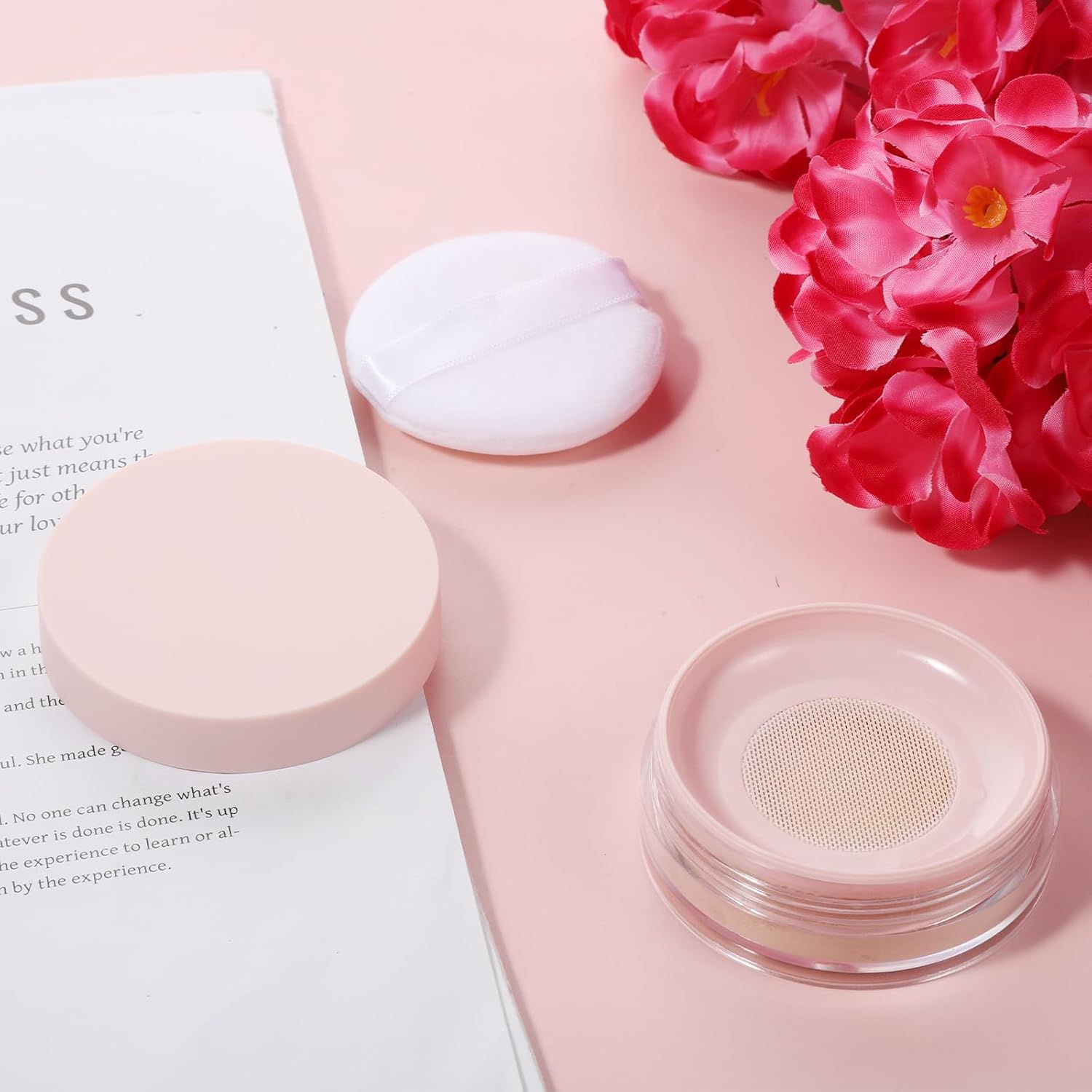 10ml (0.34oz) Loose Powder Containers, No Leak Plastic Empty Reusable Refillable Travel Compact Portable Makeup Powder Case Container with Pink Screw Lid, Elastic Net Sifter Sponge Puff - Image 2