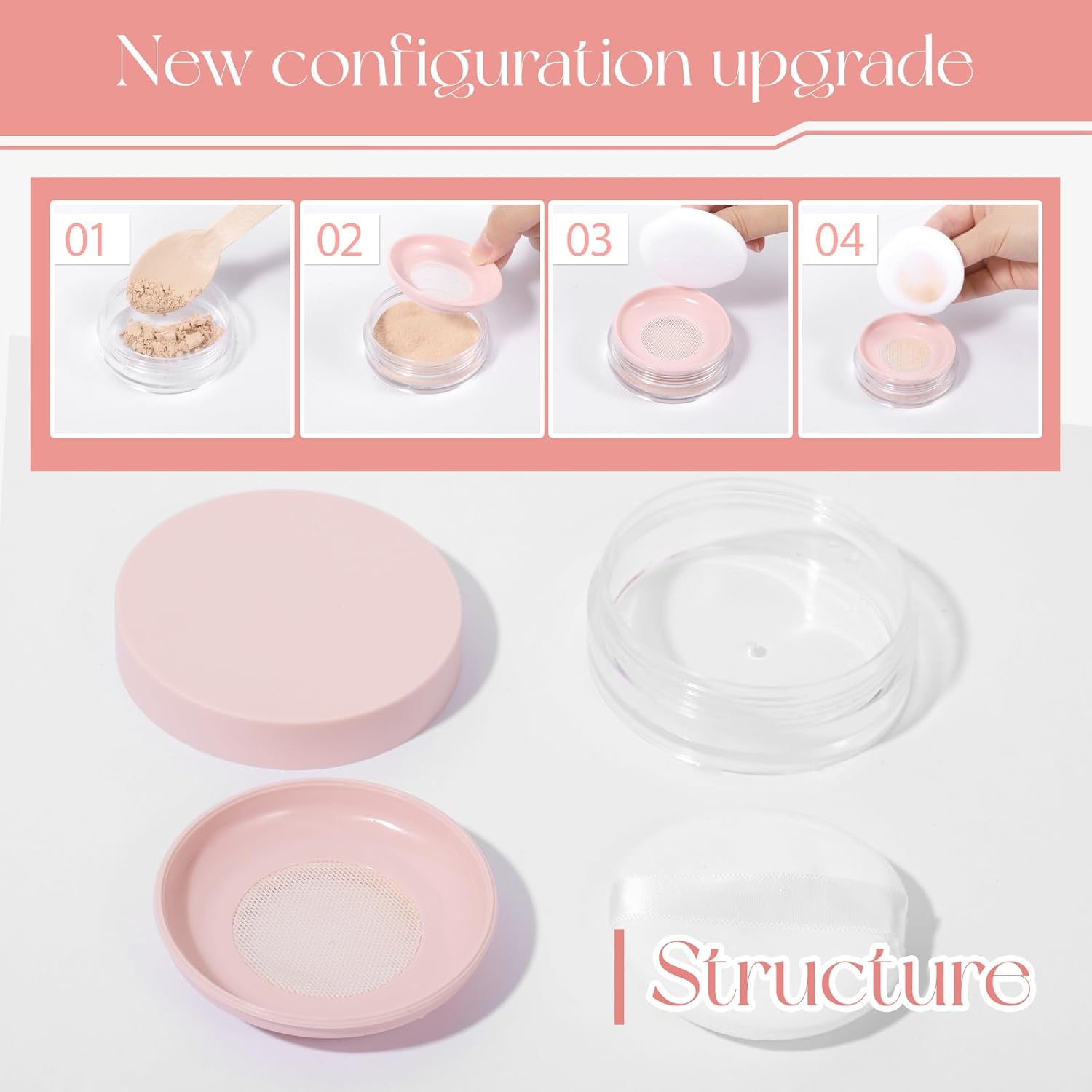 10ml (0.34oz) Loose Powder Containers, No Leak Plastic Empty Reusable Refillable Travel Compact Portable Makeup Powder Case Container with Pink Screw Lid, Elastic Net Sifter Sponge Puff - Image 3