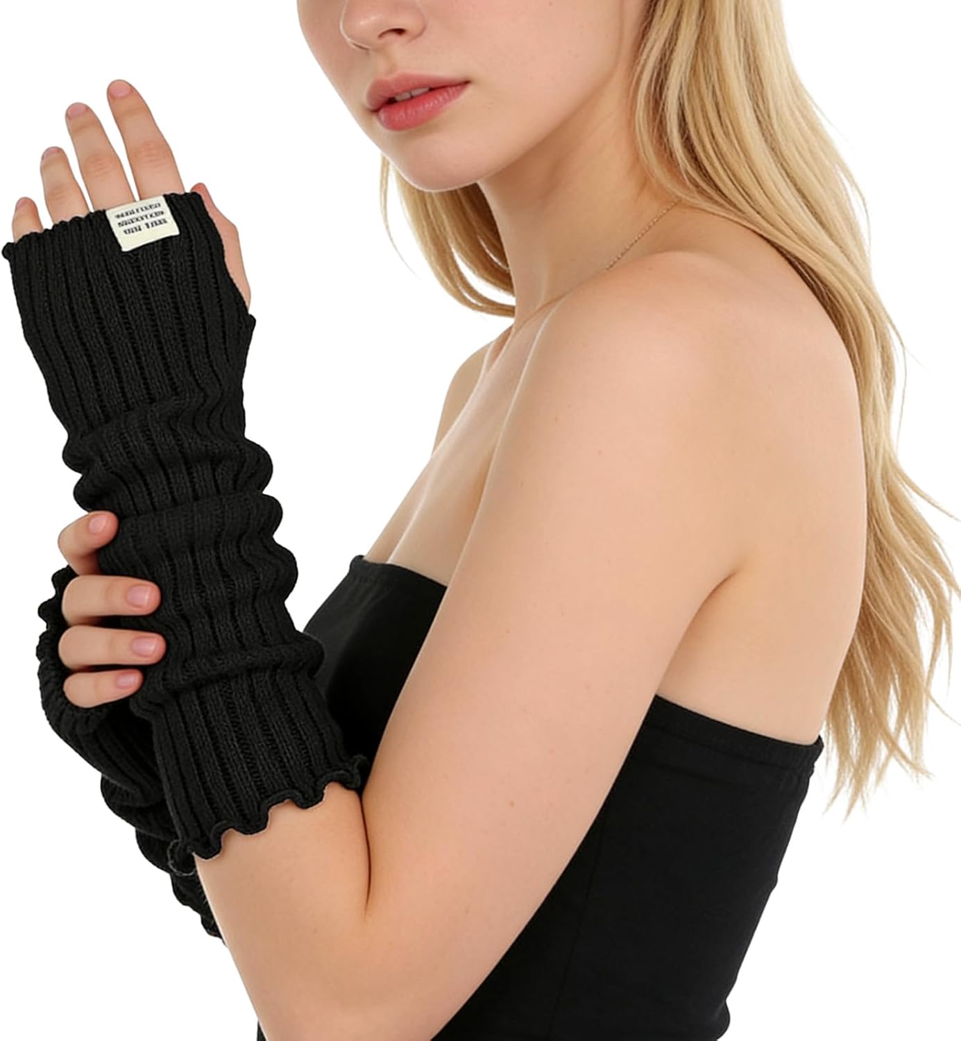 Black Arm Warmers Women Winter Long Black Cotton Fingerless Gloves Knit Mitten Elbow Length Gloves with Thumb Hole, Warm and Comfortable (Cotton) - Image 5