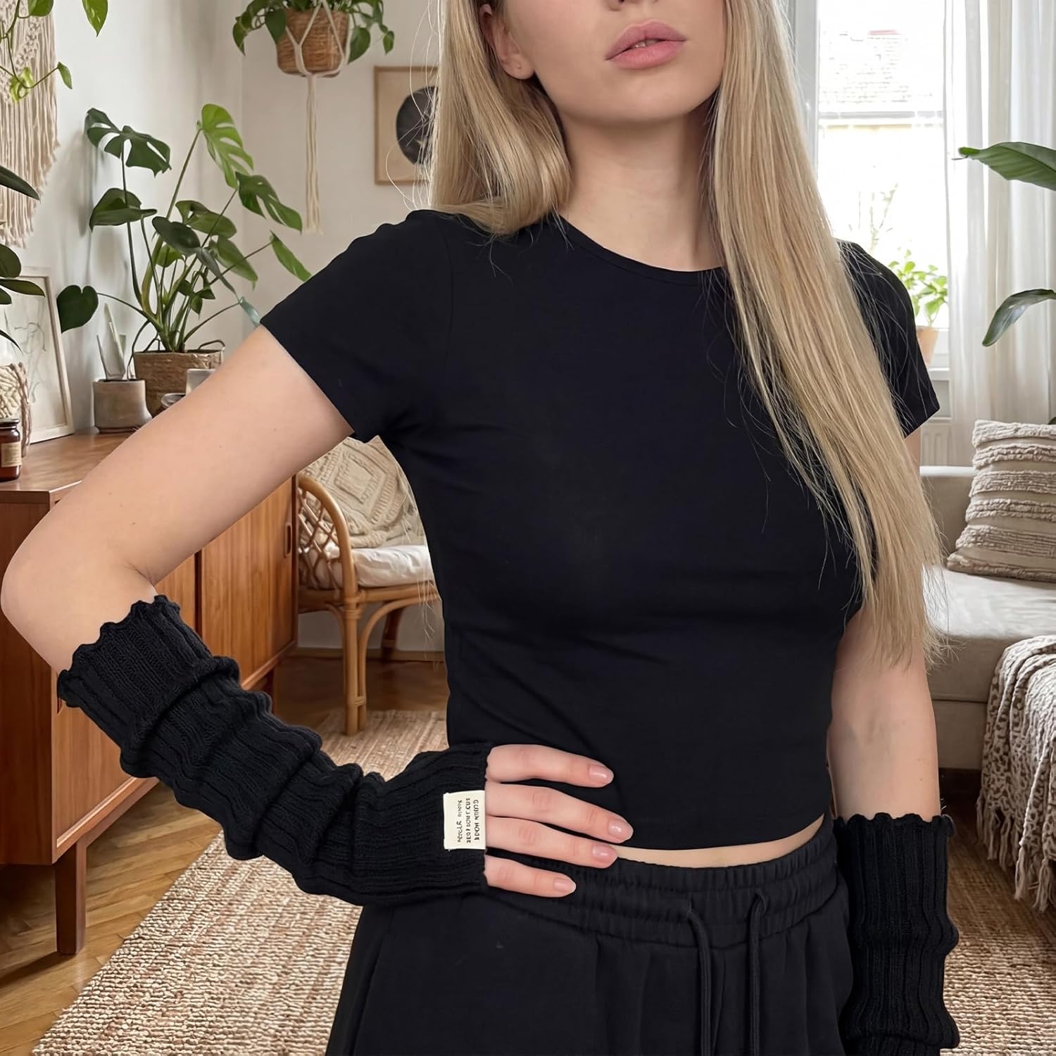 Black Arm Warmers Women Winter Long Black Cotton Fingerless Gloves Knit Mitten Elbow Length Gloves with Thumb Hole, Warm and Comfortable (Cotton) - Image 6