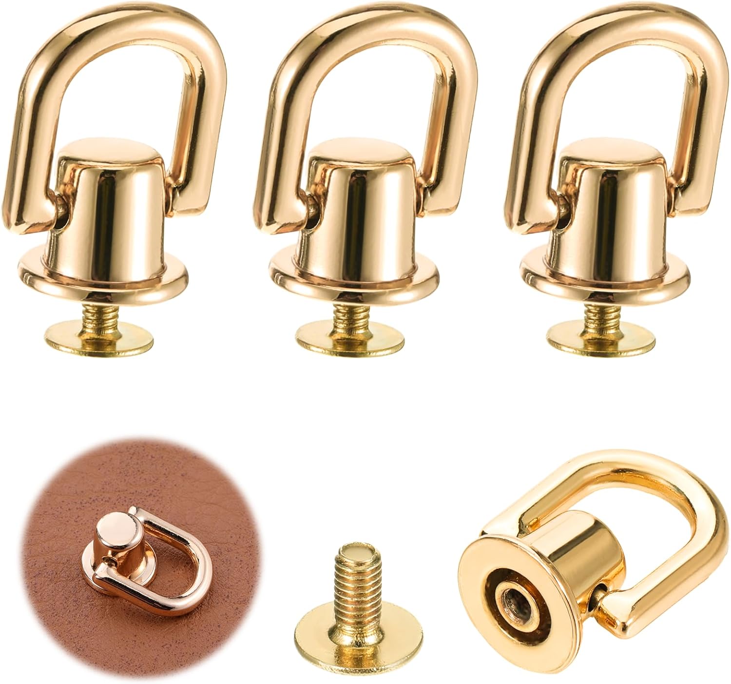 4 Pcs D Rings for Purse, Heavy Duty 360° Rotatable Metal Hardware, Stud Screw Ball Rivets with Punch Purse Making Supplies for Crossbody Conversion Kit DIY Handbag Leather Straps, Dog Collar (Gold) - Image 1