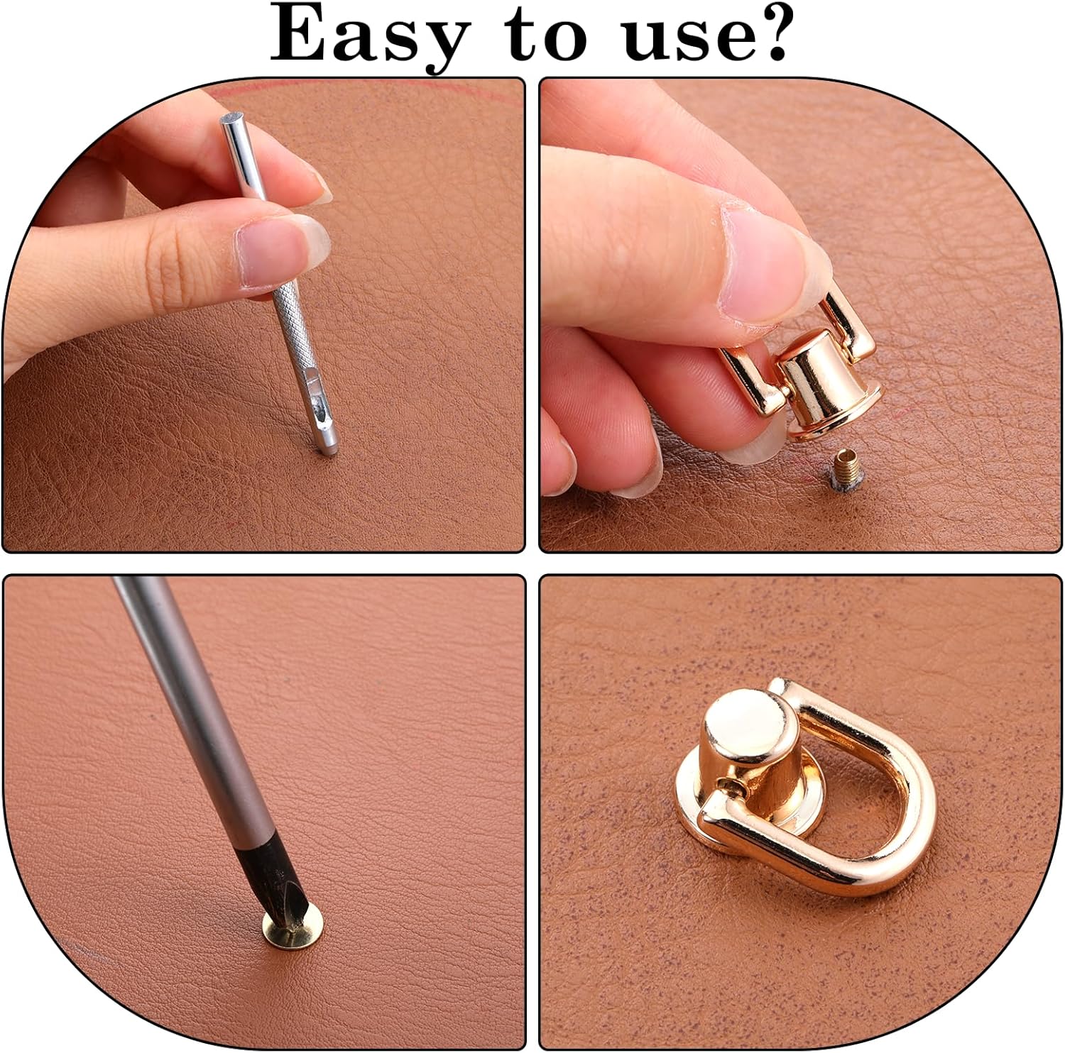 4 Pcs D Rings for Purse, Heavy Duty 360° Rotatable Metal Hardware, Stud Screw Ball Rivets with Punch Purse Making Supplies for Crossbody Conversion Kit DIY Handbag Leather Straps, Dog Collar (Gold) - Image 2