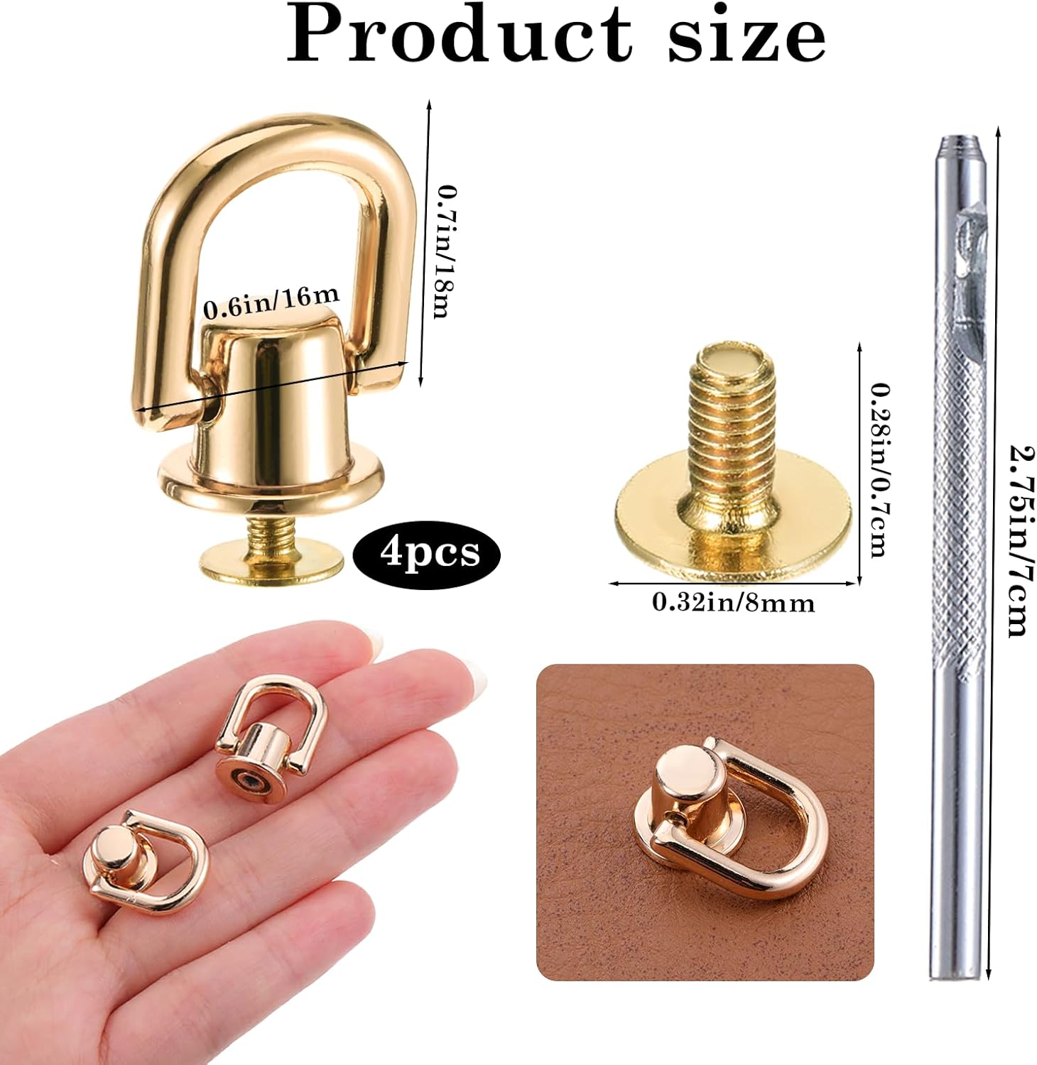 4 Pcs D Rings for Purse, Heavy Duty 360° Rotatable Metal Hardware, Stud Screw Ball Rivets with Punch Purse Making Supplies for Crossbody Conversion Kit DIY Handbag Leather Straps, Dog Collar (Gold) - Image 3
