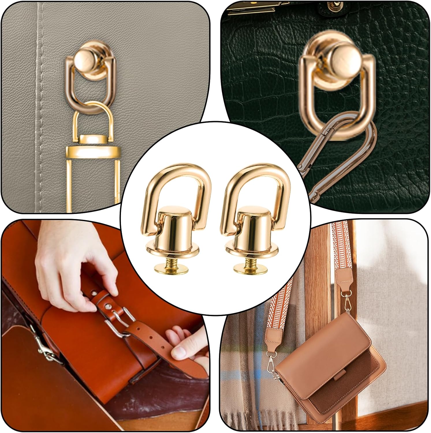 4 Pcs D Rings for Purse, Heavy Duty 360° Rotatable Metal Hardware, Stud Screw Ball Rivets with Punch Purse Making Supplies for Crossbody Conversion Kit DIY Handbag Leather Straps, Dog Collar (Gold) - Image 4