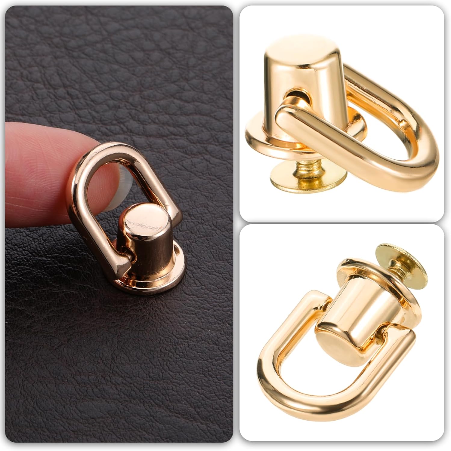 4 Pcs D Rings for Purse, Heavy Duty 360° Rotatable Metal Hardware, Stud Screw Ball Rivets with Punch Purse Making Supplies for Crossbody Conversion Kit DIY Handbag Leather Straps, Dog Collar (Gold) - Image 5