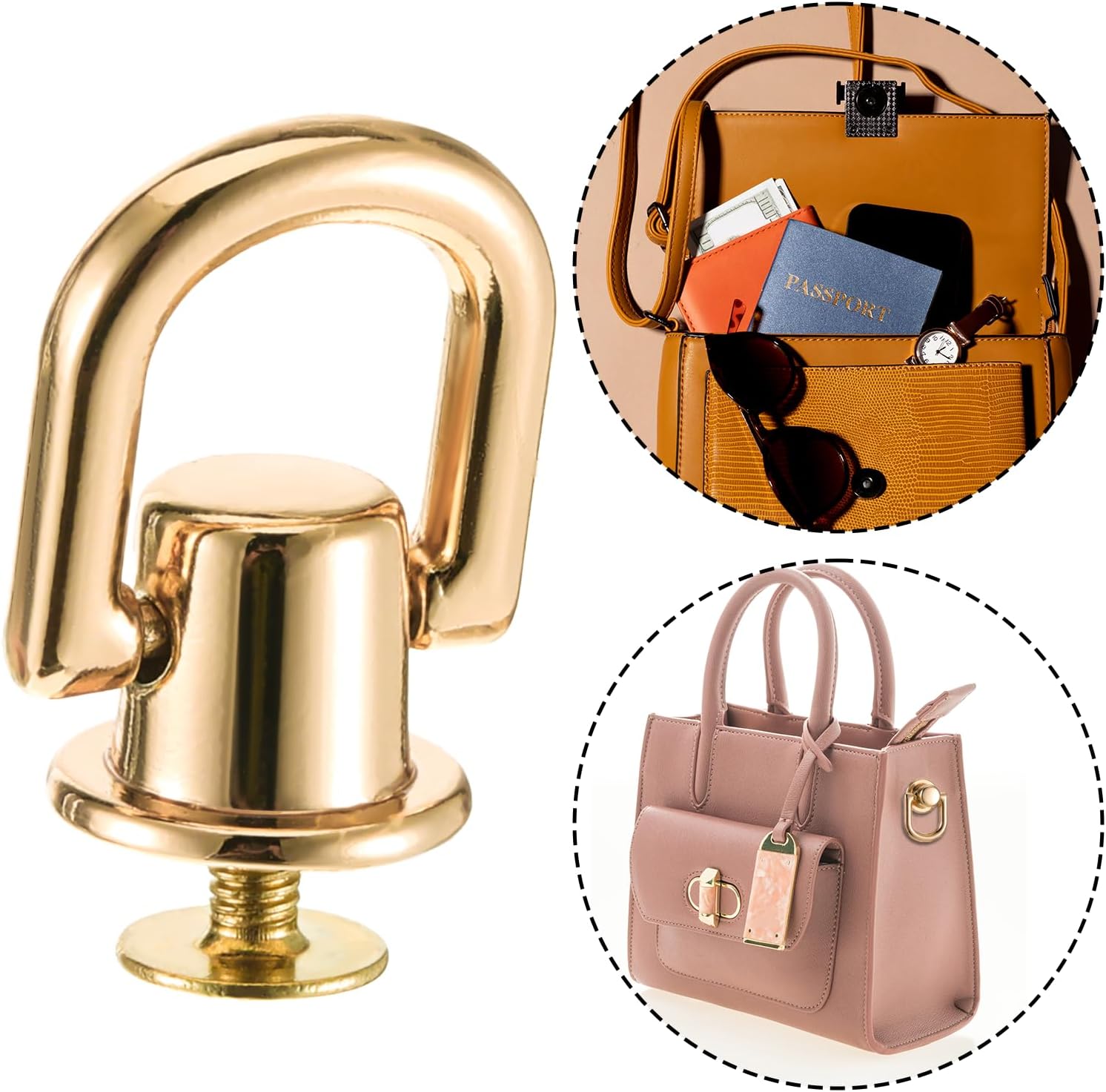 4 Pcs D Rings for Purse, Heavy Duty 360° Rotatable Metal Hardware, Stud Screw Ball Rivets with Punch Purse Making Supplies for Crossbody Conversion Kit DIY Handbag Leather Straps, Dog Collar (Gold) - Image 6