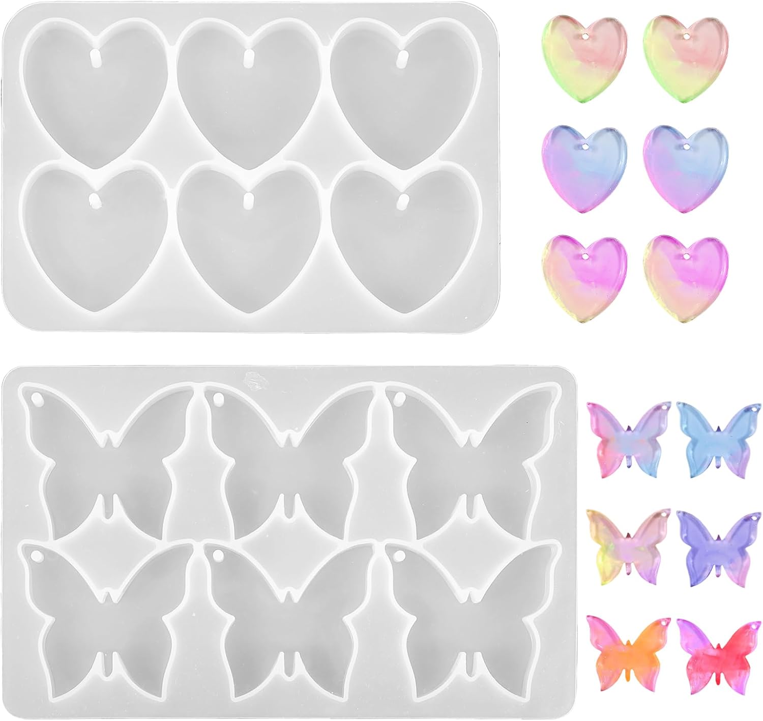 Butterfly Molds Silicone, 2 Pack Fondant Molds 6 Grids Epoxy Resin Mold with Hole Keychain Pendant Mold Heart Shape for DIY Crafts Jewelry Making - Image 1