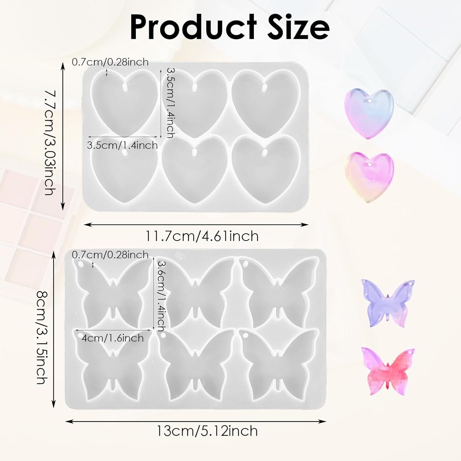 Butterfly Molds Silicone, 2 Pack Fondant Molds 6 Grids Epoxy Resin Mold with Hole Keychain Pendant Mold Heart Shape for DIY Crafts Jewelry Making - Image 2