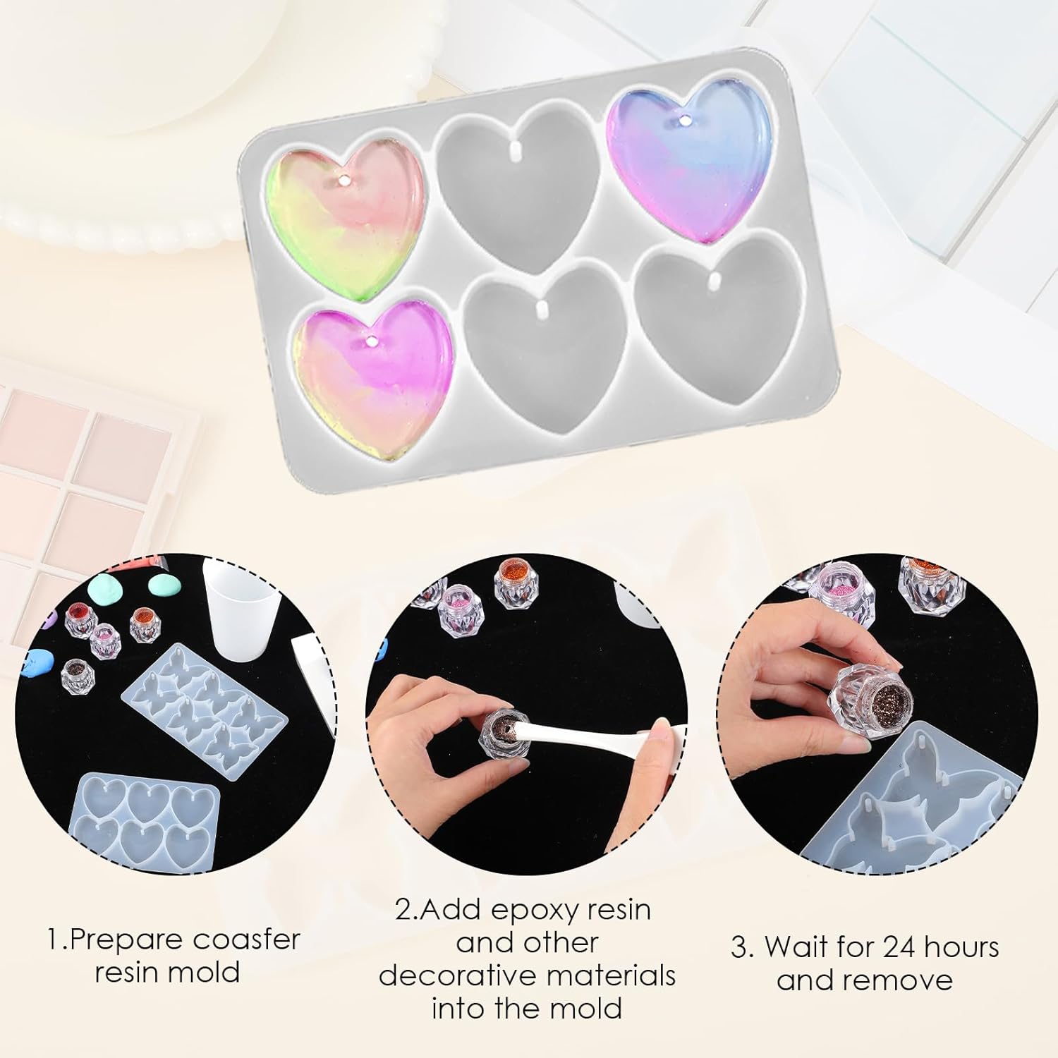 Butterfly Molds Silicone, 2 Pack Fondant Molds 6 Grids Epoxy Resin Mold with Hole Keychain Pendant Mold Heart Shape for DIY Crafts Jewelry Making - Image 4