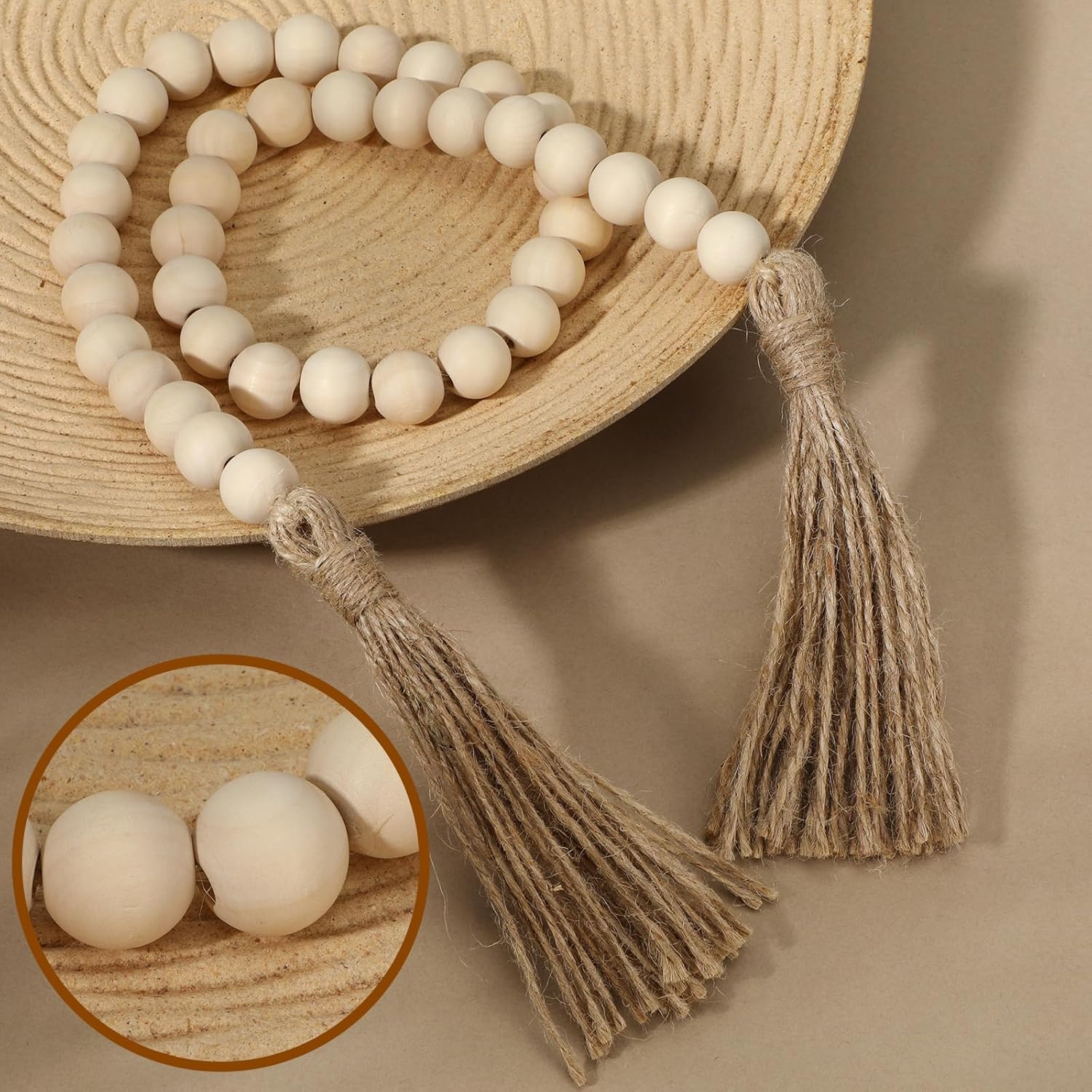 34in Farmhouse Wood Beads Garland with Tassels, Decorative Bead Home Decor Wooden Beads Garland Country Room Hanging for Wood Entryway Table, Shelf, Tray, Curtain Decor (Beige) - Image 2