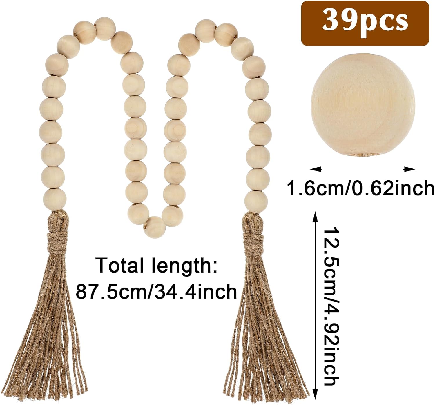 34in Farmhouse Wood Beads Garland with Tassels, Decorative Bead Home Decor Wooden Beads Garland Country Room Hanging for Wood Entryway Table, Shelf, Tray, Curtain Decor (Beige) - Image 3