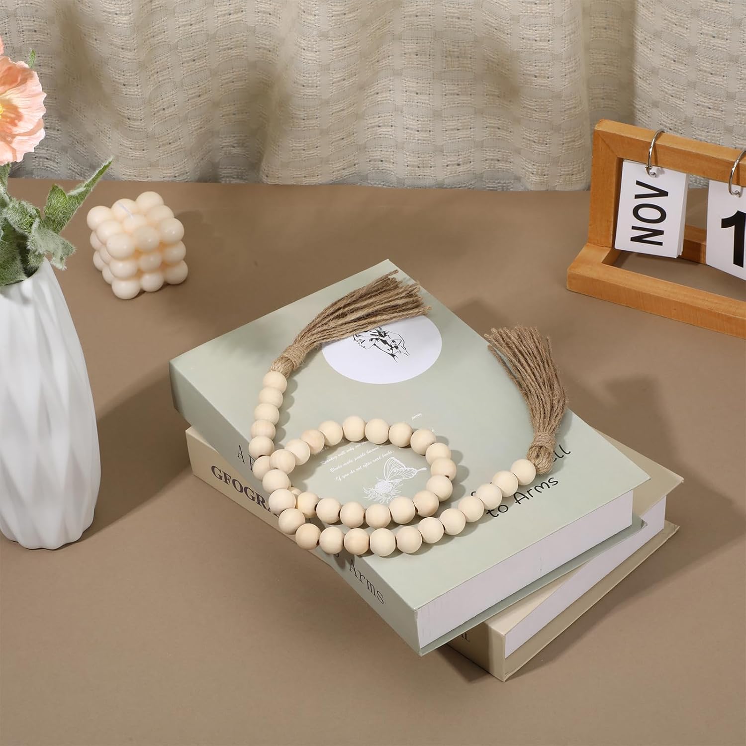 34in Farmhouse Wood Beads Garland with Tassels, Decorative Bead Home Decor Wooden Beads Garland Country Room Hanging for Wood Entryway Table, Shelf, Tray, Curtain Decor (Beige) - Image 4