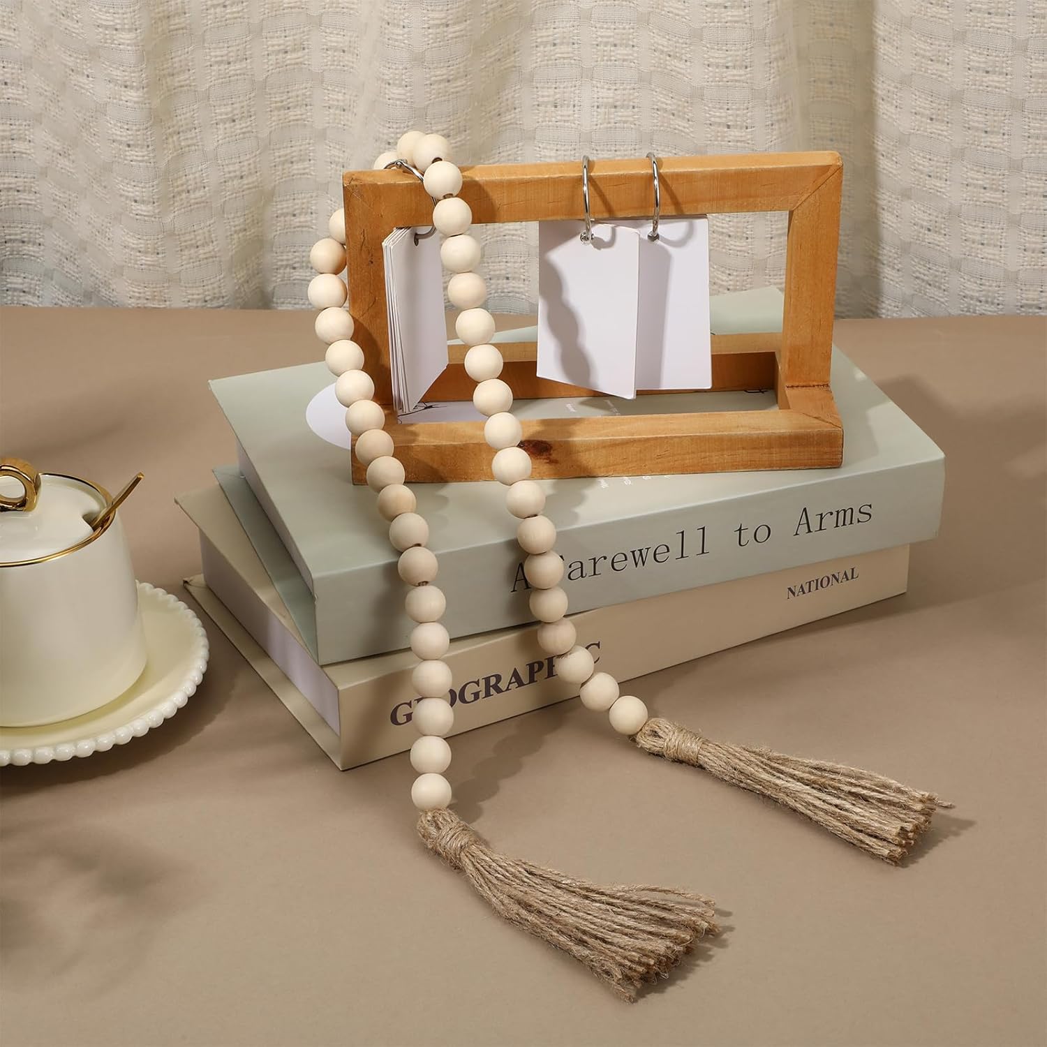 34in Farmhouse Wood Beads Garland with Tassels, Decorative Bead Home Decor Wooden Beads Garland Country Room Hanging for Wood Entryway Table, Shelf, Tray, Curtain Decor (Beige) - Image 5