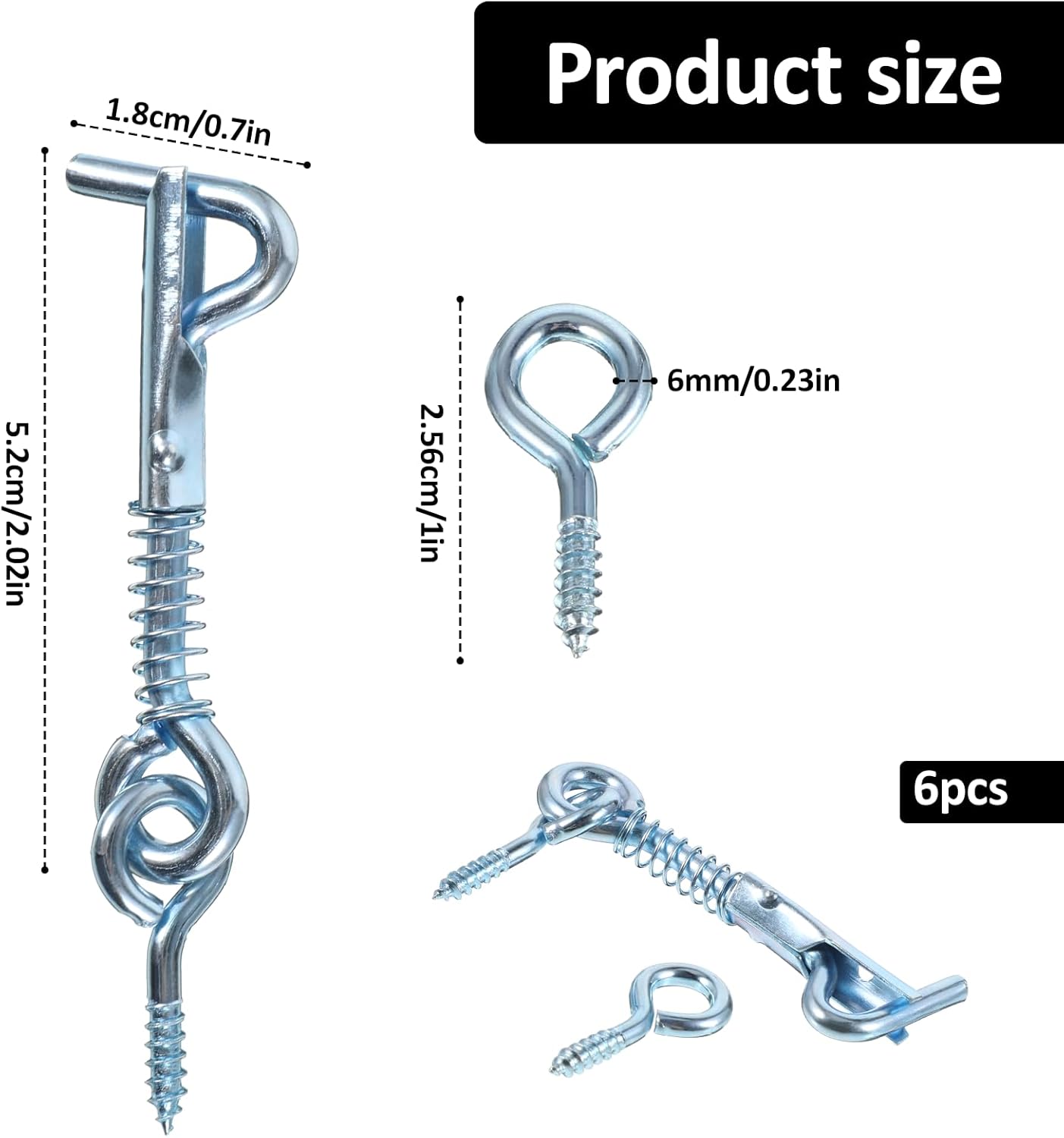6 Pack Safety Hook and Eye Latch, 2 Inch Stainless Steel Spring Lock Gate Latch, Heavy Duty Rustproof Wire Gate Hook for Farm, Barn, Bathroom Doors, Family Security, Durable Outdoor Indoor Use - Image 3