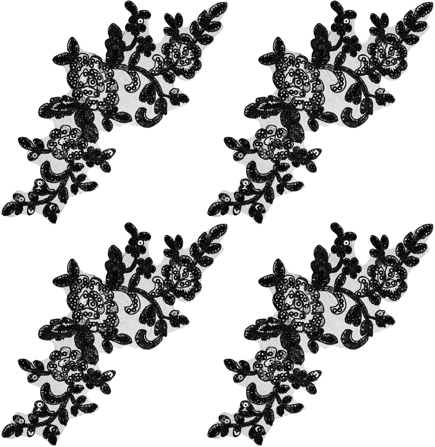Appliques Patches, 4PCS Lace Embroidery Patches Black Embroidery Sequin Laces Appliques Lace Patch Sequin Bead Flower Laces Sew on Patch for Wedding Bridal Dress Sewing Craft DIY Clothes - Image 1