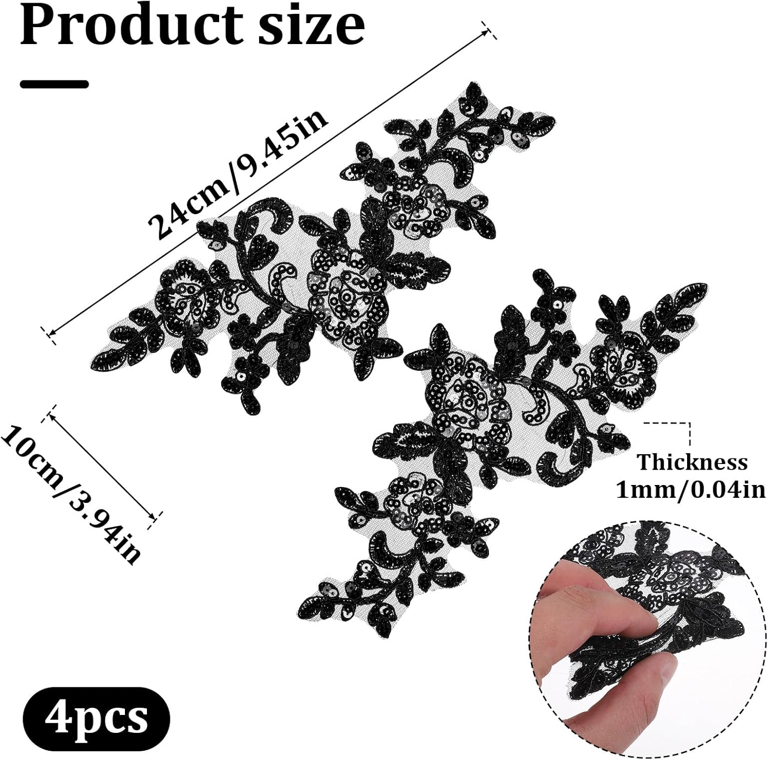 Appliques Patches, 4PCS Lace Embroidery Patches Black Embroidery Sequin Laces Appliques Lace Patch Sequin Bead Flower Laces Sew on Patch for Wedding Bridal Dress Sewing Craft DIY Clothes - Image 2