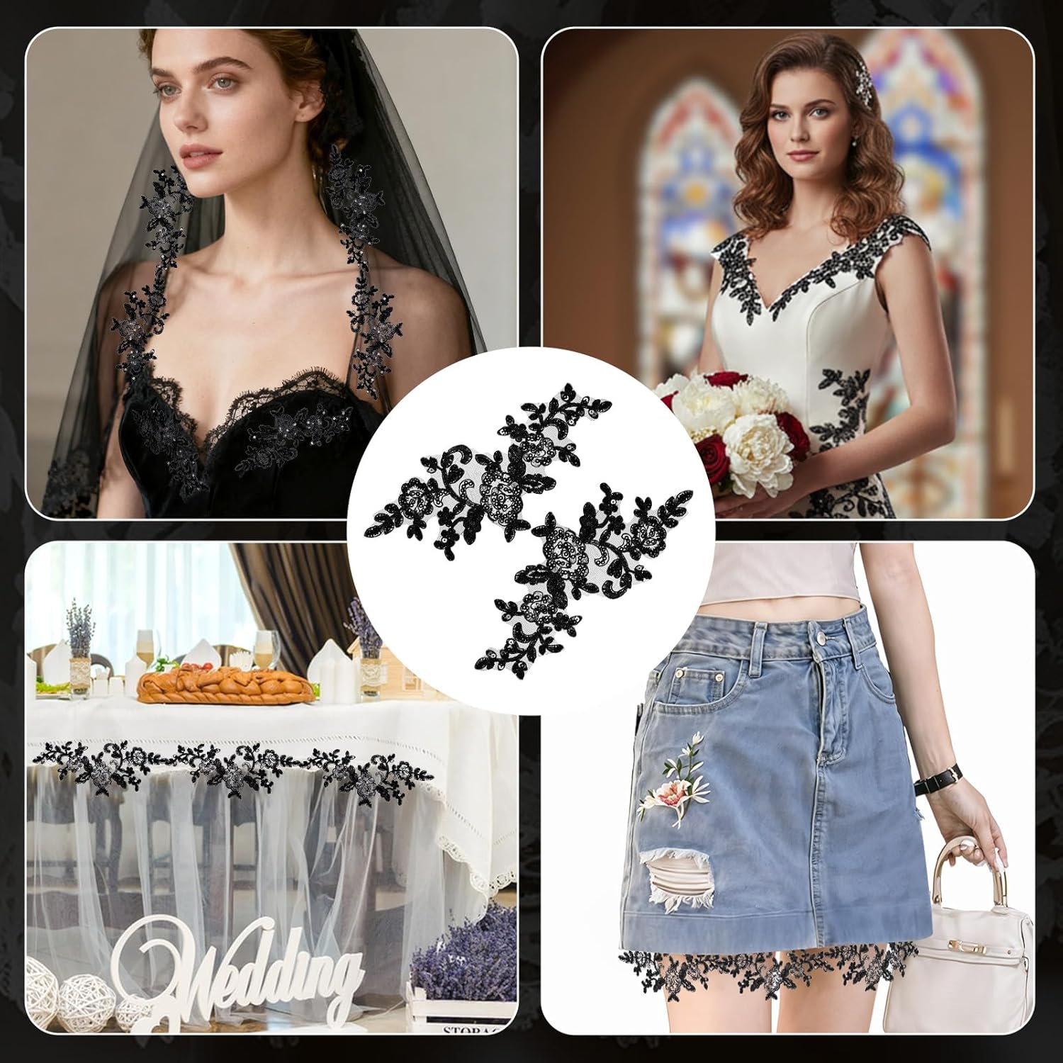 Appliques Patches, 4PCS Lace Embroidery Patches Black Embroidery Sequin Laces Appliques Lace Patch Sequin Bead Flower Laces Sew on Patch for Wedding Bridal Dress Sewing Craft DIY Clothes - Image 3
