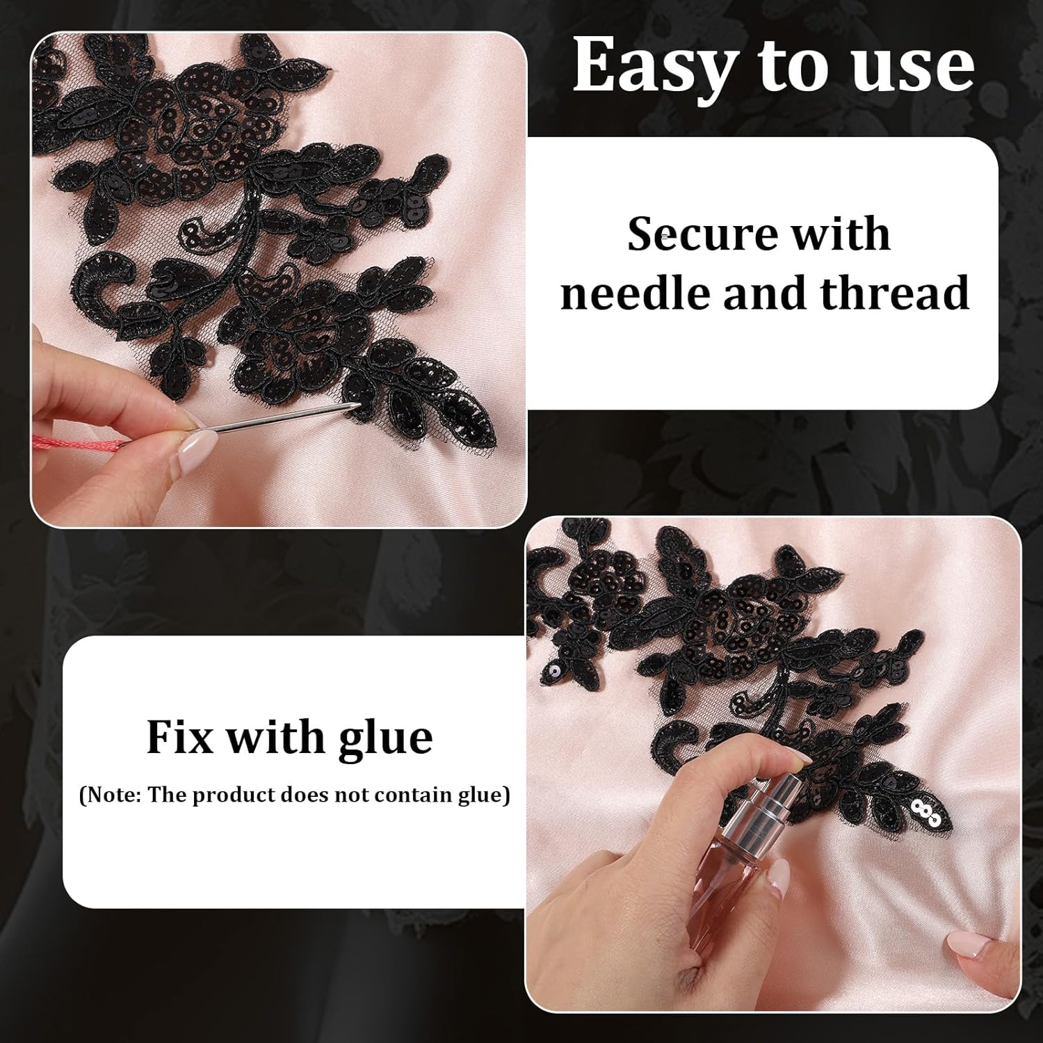 Appliques Patches, 4PCS Lace Embroidery Patches Black Embroidery Sequin Laces Appliques Lace Patch Sequin Bead Flower Laces Sew on Patch for Wedding Bridal Dress Sewing Craft DIY Clothes - Image 4