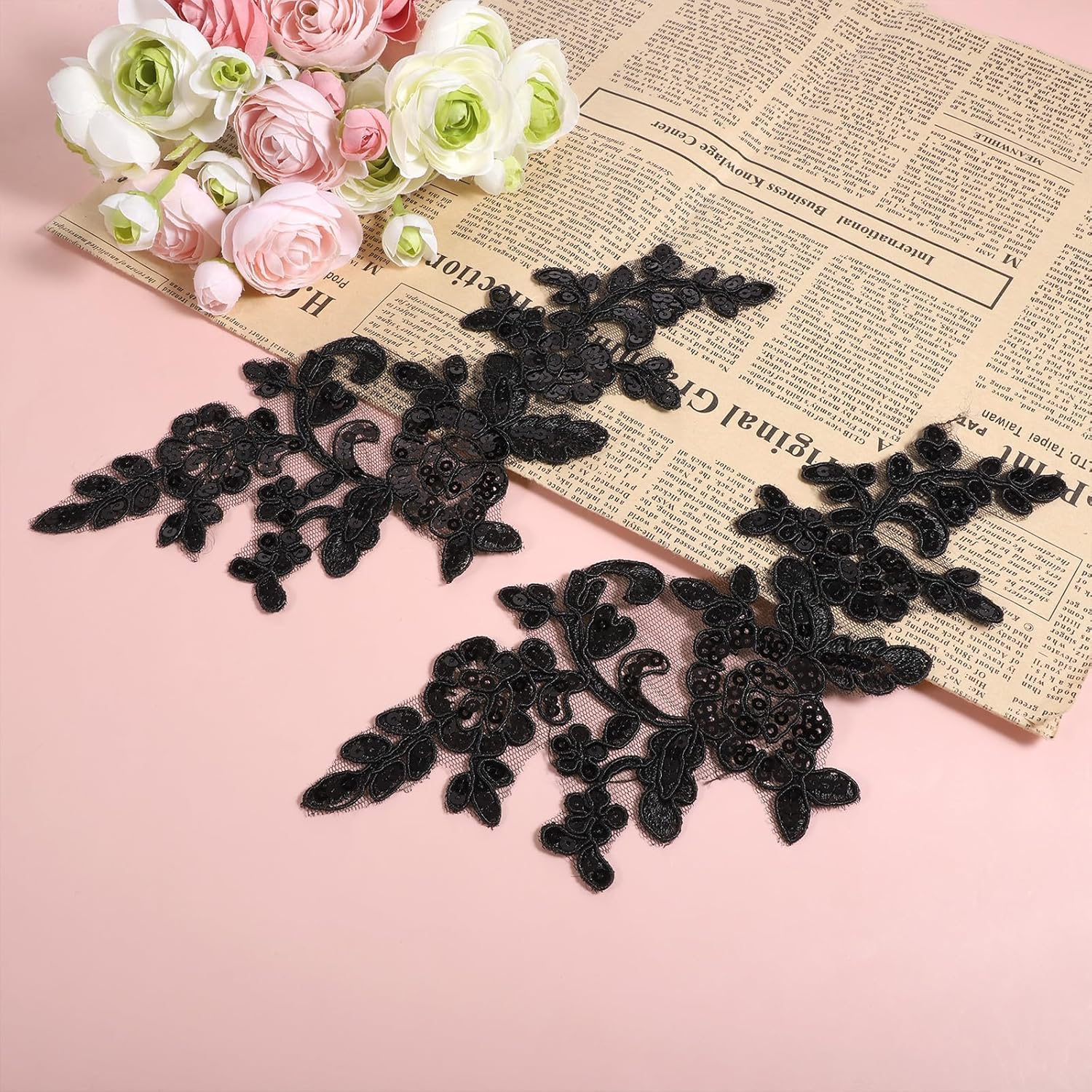 Appliques Patches, 4PCS Lace Embroidery Patches Black Embroidery Sequin Laces Appliques Lace Patch Sequin Bead Flower Laces Sew on Patch for Wedding Bridal Dress Sewing Craft DIY Clothes - Image 5