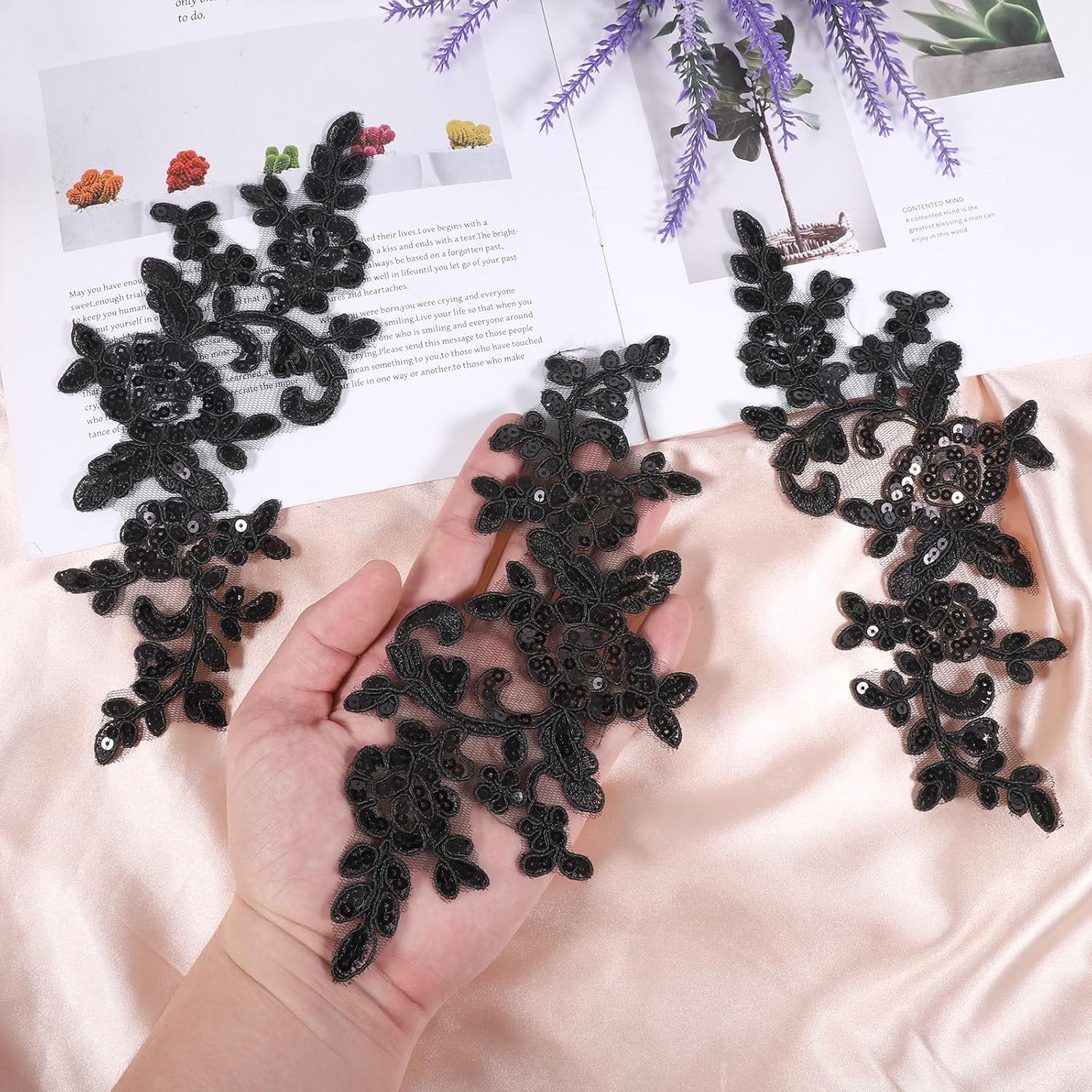 Appliques Patches, 4PCS Lace Embroidery Patches Black Embroidery Sequin Laces Appliques Lace Patch Sequin Bead Flower Laces Sew on Patch for Wedding Bridal Dress Sewing Craft DIY Clothes - Image 6