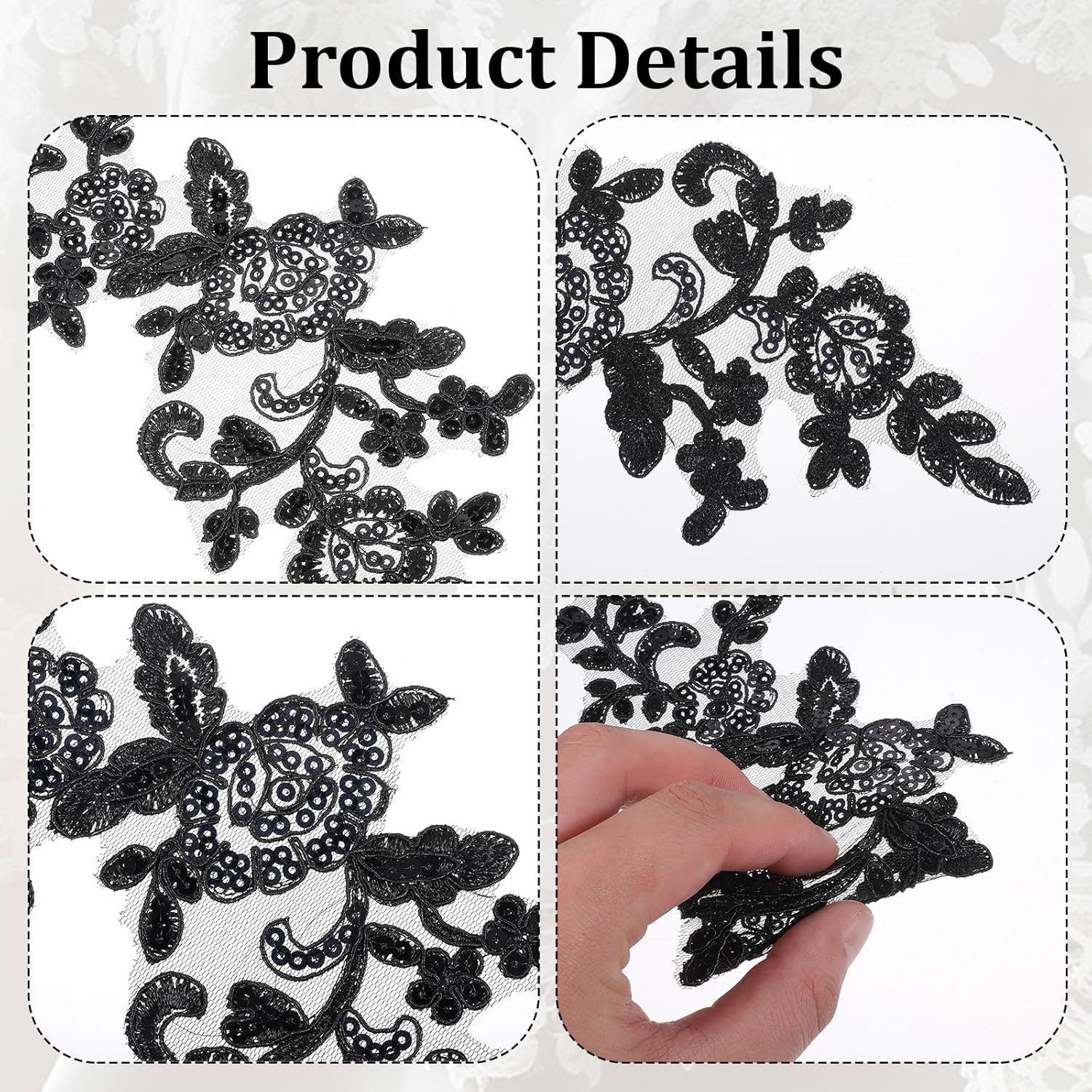 Appliques Patches, 4PCS Lace Embroidery Patches Black Embroidery Sequin Laces Appliques Lace Patch Sequin Bead Flower Laces Sew on Patch for Wedding Bridal Dress Sewing Craft DIY Clothes - Image 7