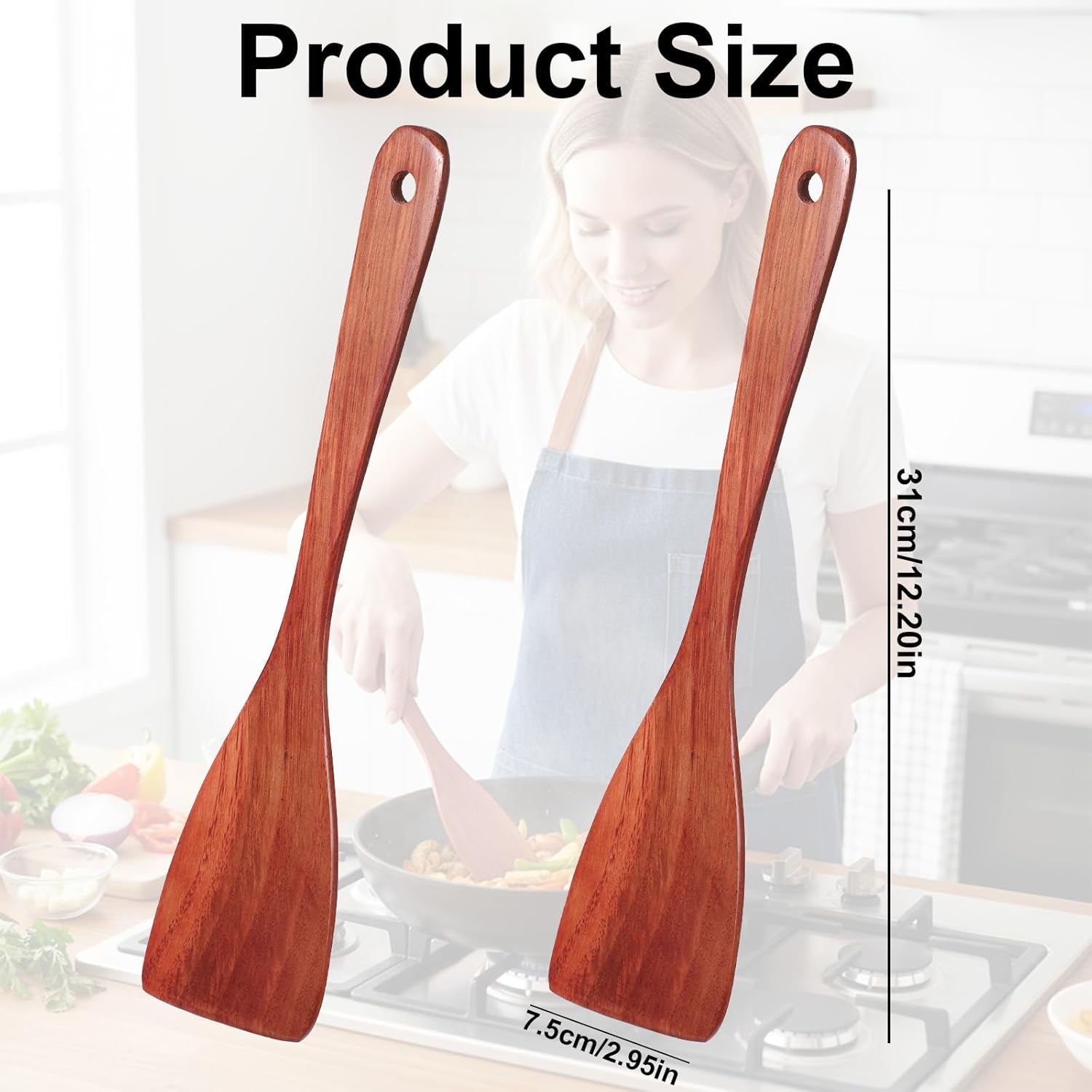 2 Pcs Wooden Spatula for Cooking, 12.2 Inch Long Handle Wood Flat Frying Cooking Spatulas, Wooden Kitchen Spatula Scraper Utensils, Right Hand Woods Turner for Nonstick Pans Cook Frying Baking - Image 2