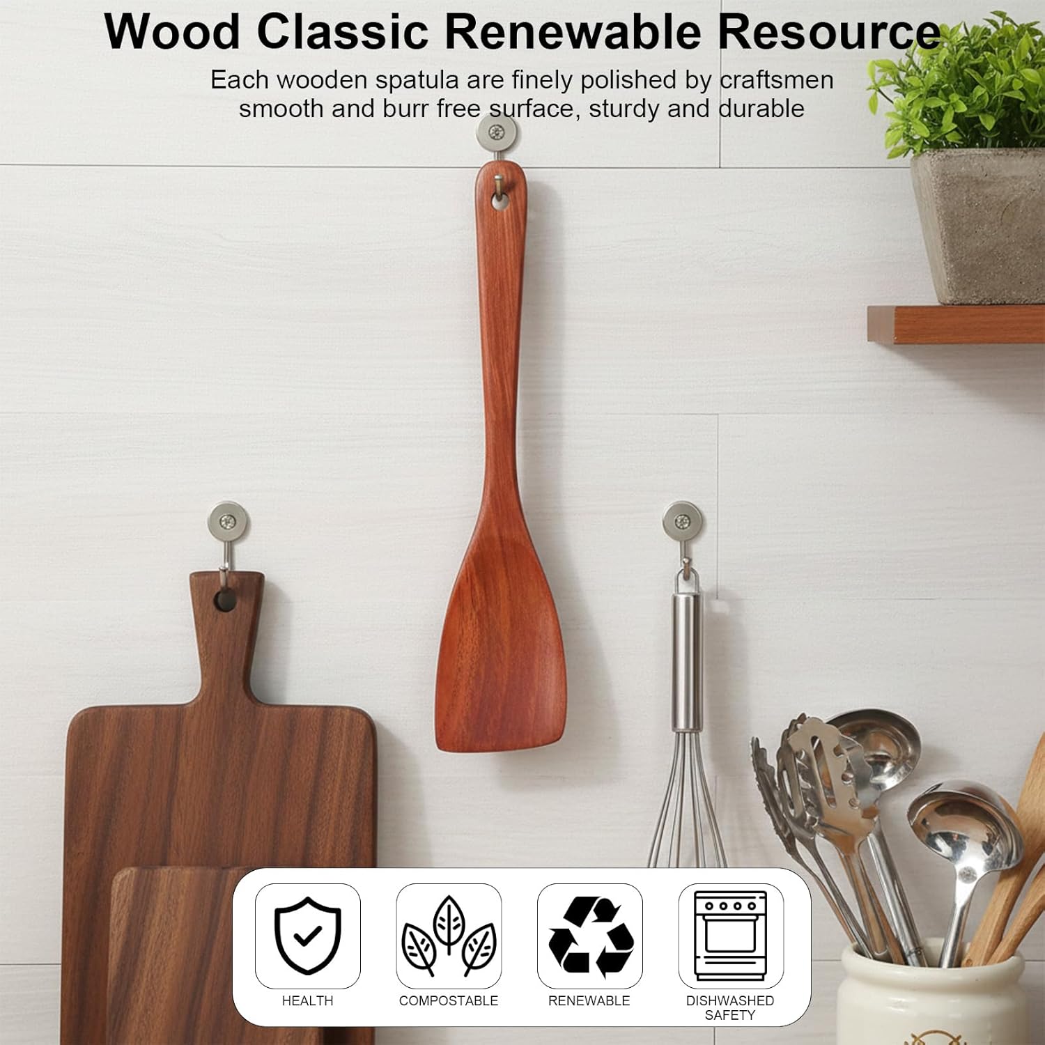 2 Pcs Wooden Spatula for Cooking, 12.2 Inch Long Handle Wood Flat Frying Cooking Spatulas, Wooden Kitchen Spatula Scraper Utensils, Right Hand Woods Turner for Nonstick Pans Cook Frying Baking - Image 3