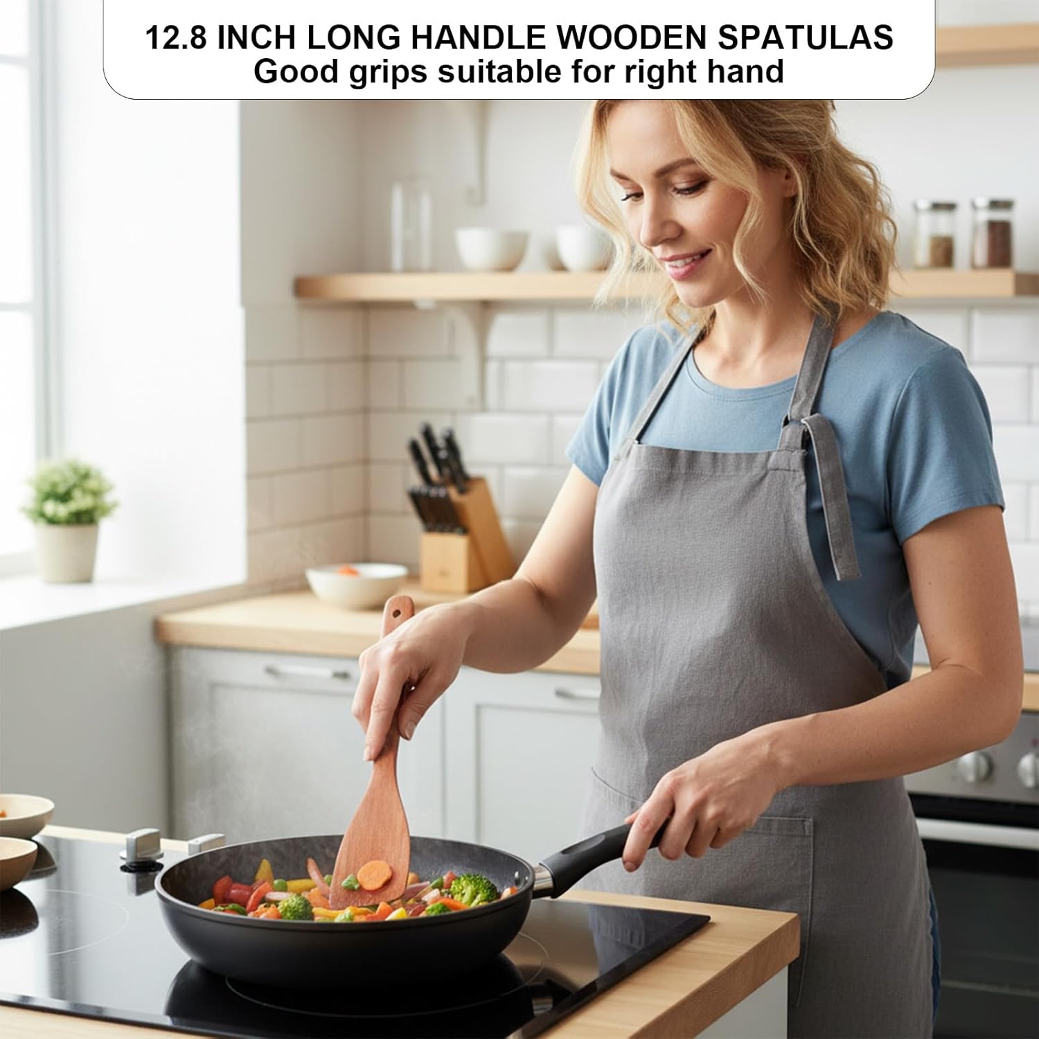 2 Pcs Wooden Spatula for Cooking, 12.2 Inch Long Handle Wood Flat Frying Cooking Spatulas, Wooden Kitchen Spatula Scraper Utensils, Right Hand Woods Turner for Nonstick Pans Cook Frying Baking - Image 7