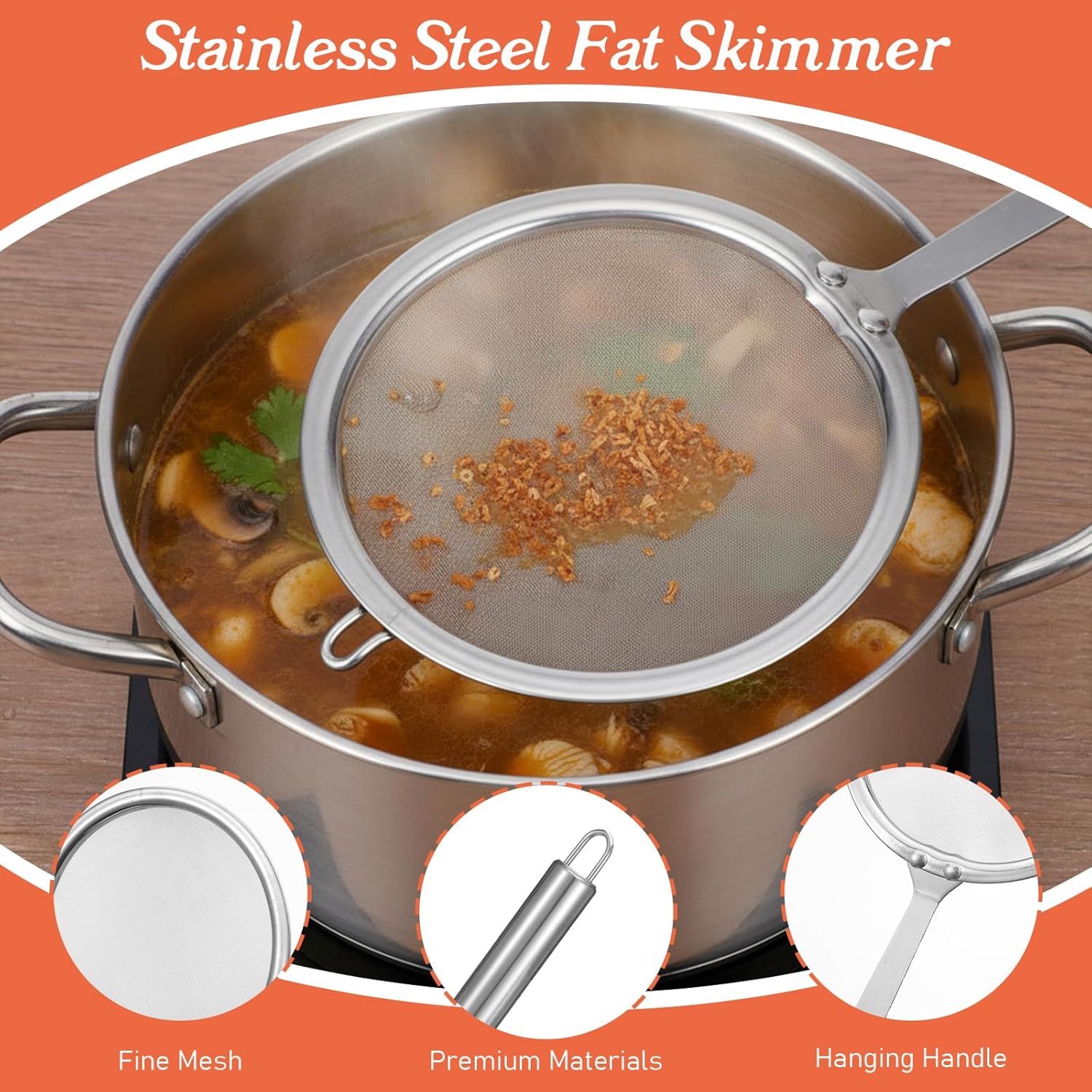 Stainless Steel Fat Skimmer Spoon 4” Fine Mesh Strainer with 9” Heat-Resistant Handle Grease Strainer Spoon Fat Separator for Cooking Frying Quinoa Soup Miso Foam Grease - Image 3