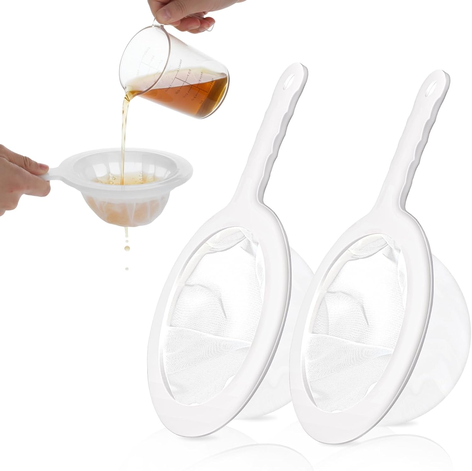 2 Pcs Plastic Fine Mesh Strainer, Nylon Ultra-Fine Juice Strainer Fine Mesh Sieve Small Coffee Strainers with Handle Mini Brine Shrimp Separation Net for Nut Milk, Yogurt, Honey, Wine (300/400 Mesh) - Image 1