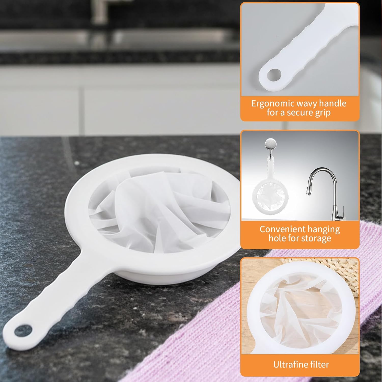 2 Pcs Plastic Fine Mesh Strainer, Nylon Ultra-Fine Juice Strainer Fine Mesh Sieve Small Coffee Strainers with Handle Mini Brine Shrimp Separation Net for Nut Milk, Yogurt, Honey, Wine (300/400 Mesh) - Image 4