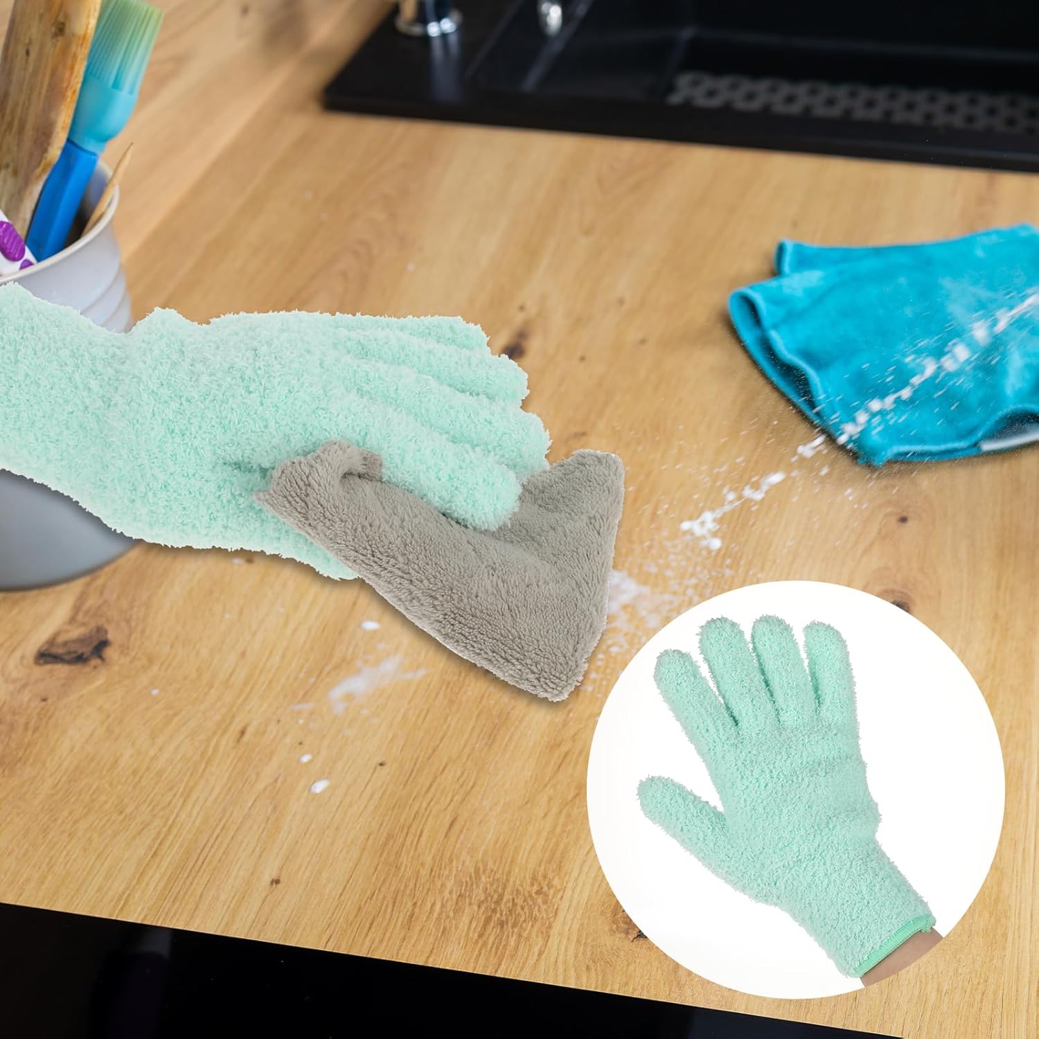 2 PCS Dusting Gloves for House Cleaning, Microfiber Coral Fleece Cleaning Mittens Reusable Washable Household Gloves for Plants Cars Blinds Lamps and Hard to Reach Corners (Cyan) - Image 7