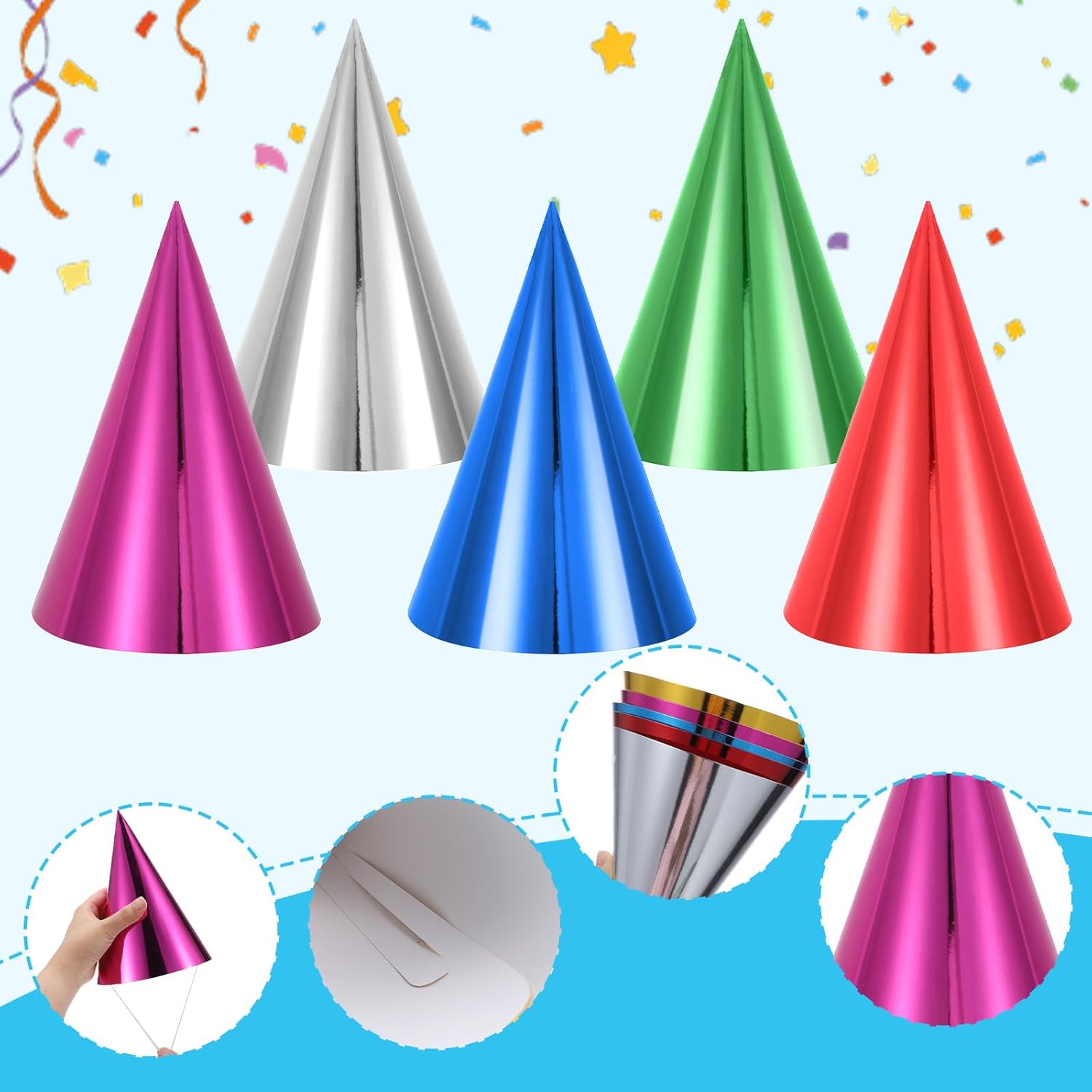 15 Pcs Colorful Birthday Party Hats, Paper Cone Hats Headbands Birthday Party Supplies Handmade Celebration Headwear with Elastic String for Kids and Adults, Friend Gatherings - Image 3
