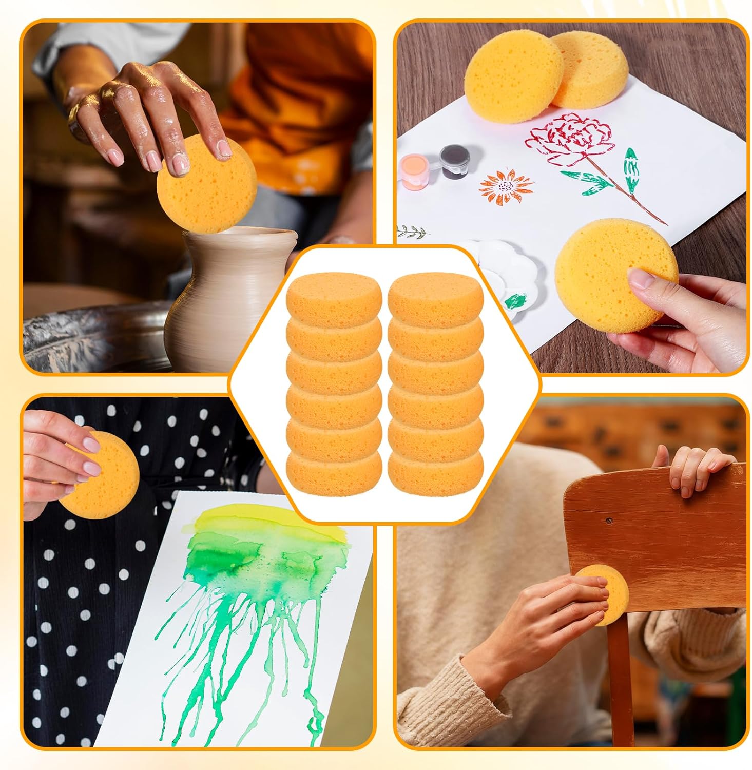 Paint Sponge, 12 Pcs Orange Round Painting Sponges 3 Inch Artist Pottery Sponge Applicator Watercolor Sponges for Face Painting Pottery Art Crafts Ceramics - Image 4