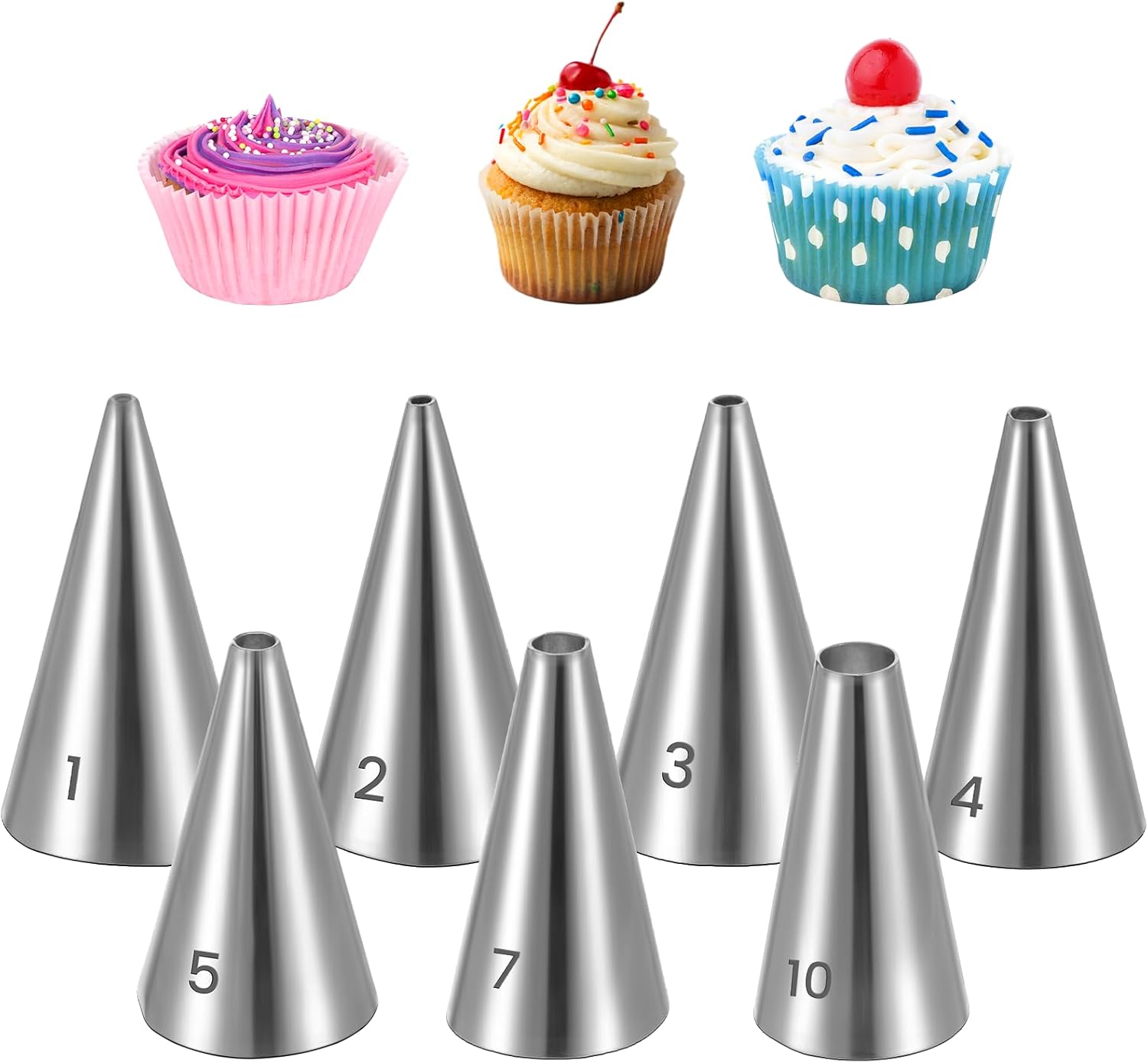 7 PCS Piping Tips, Cake Decorating Kit Extra Fine Stainless Steel Meringue Icing Tips Piping Nozzles Round Hole Icing Tip Cupcake Frosting Nozzles for Buttercream, Birthday Cake, Cupcake, DIY Art - Image 1