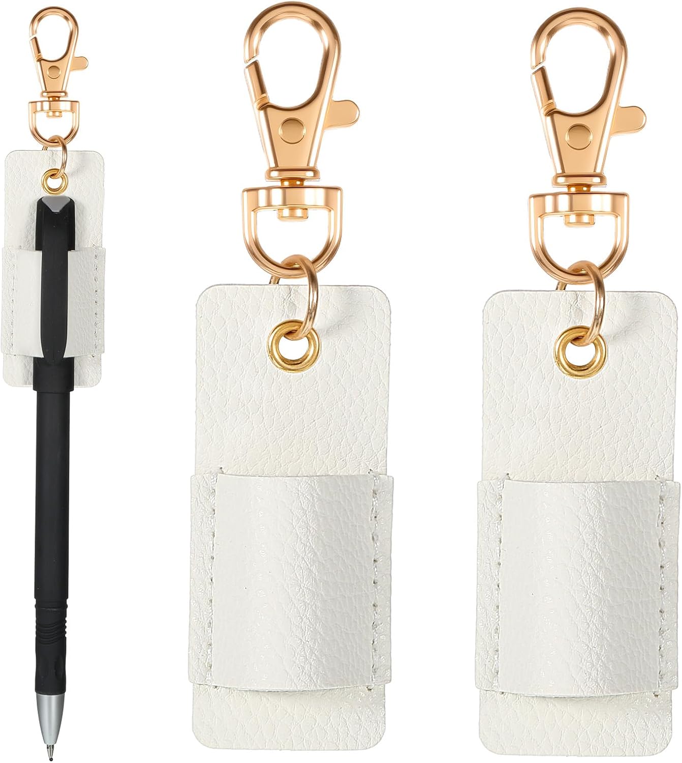 2 Pcs Pen Holder for Lanyard, White PU Leather Anti-Lost Lanyard Pen Clip Retractable Pens Holder Clip Keychain, Portable Pouch Pocket Pens Holders for Pencil Badges Clipboard Nurses Office School - Image 1