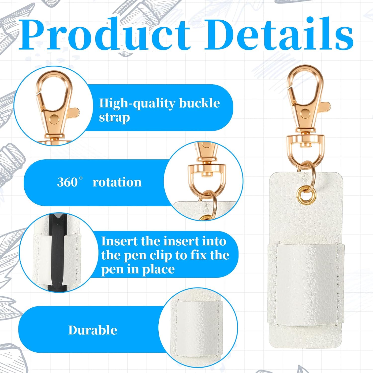 2 Pcs Pen Holder for Lanyard, White PU Leather Anti-Lost Lanyard Pen Clip Retractable Pens Holder Clip Keychain, Portable Pouch Pocket Pens Holders for Pencil Badges Clipboard Nurses Office School - Image 2