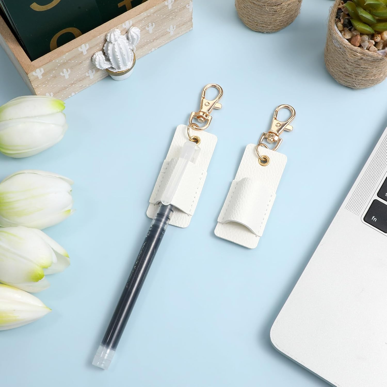 2 Pcs Pen Holder for Lanyard, White PU Leather Anti-Lost Lanyard Pen Clip Retractable Pens Holder Clip Keychain, Portable Pouch Pocket Pens Holders for Pencil Badges Clipboard Nurses Office School - Image 3